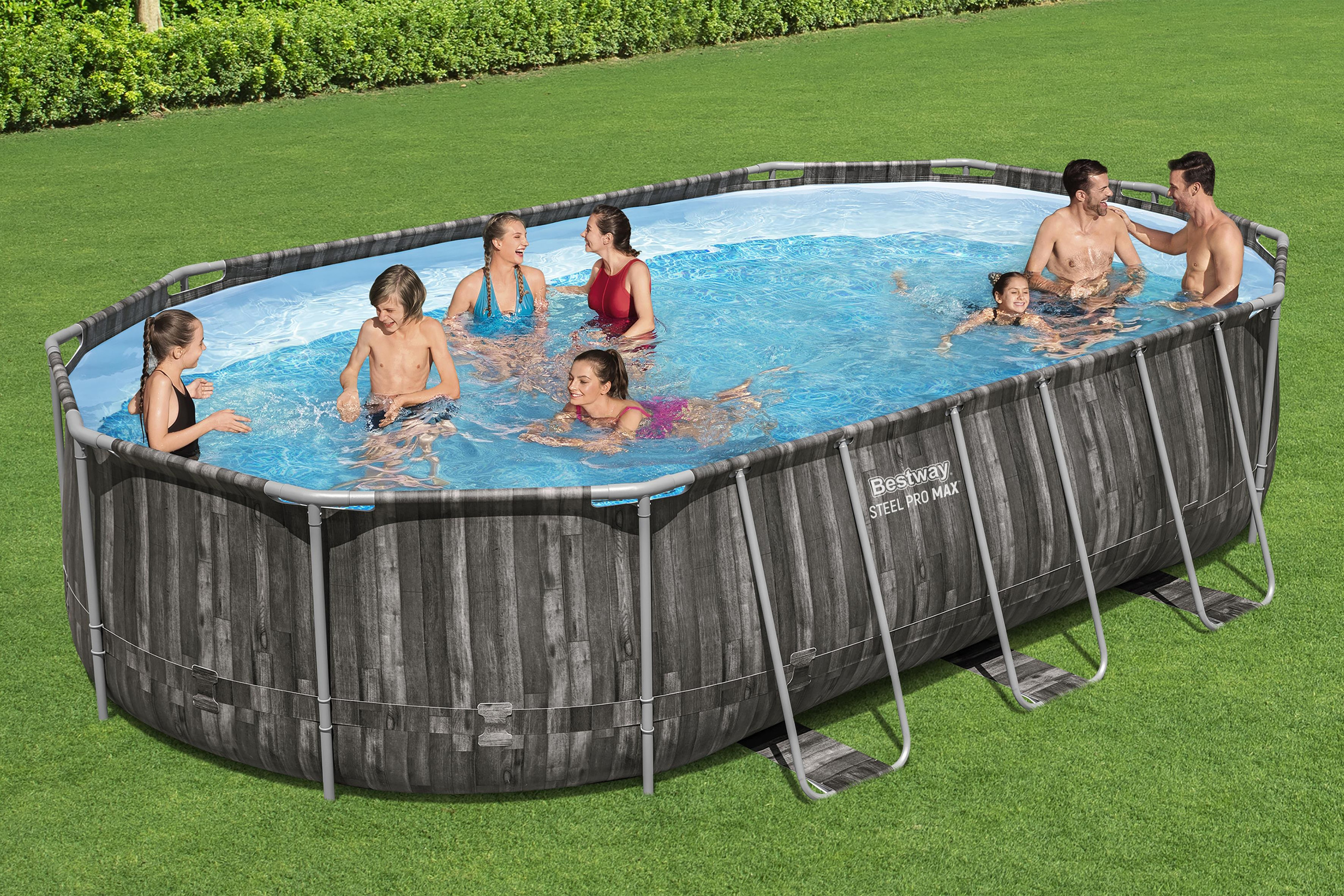 Steel Pro MAX™ Frame Pool Komplett Set mit Filterpumpe 610 x 366 x 122 cm , Holz-Optik (Mooreiche), oval