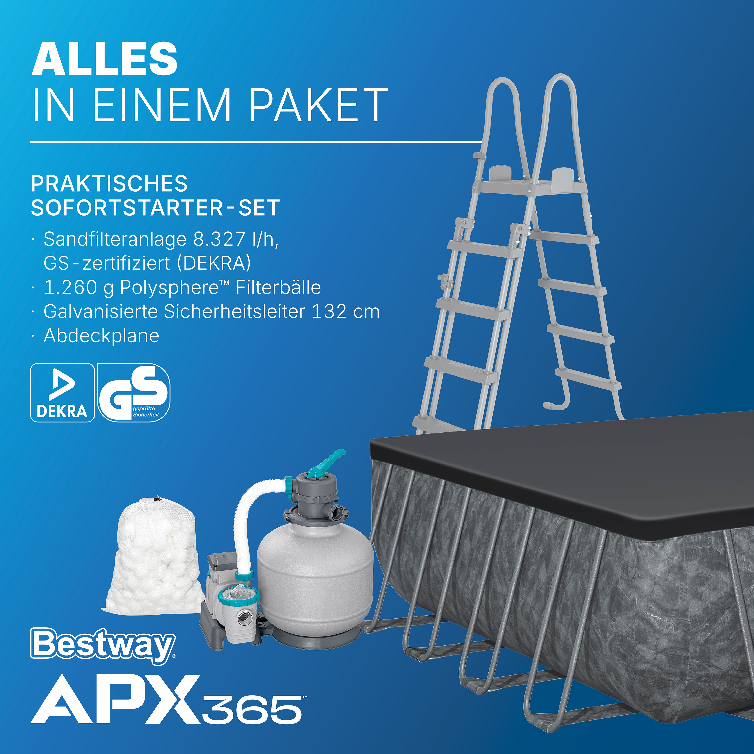 APX365™ Winterfestes Frame Pool Komplett Set mit Sandfilteranlage 956 x 488 x 132 cm, Marmor-Optik (Dunkel), eckig
