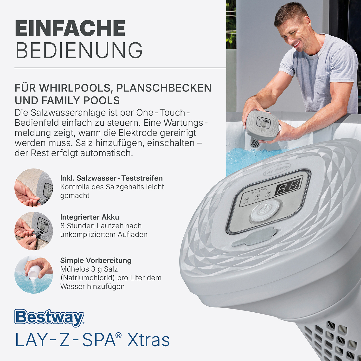 LAY-Z-SPA® Xtras schwimmende, akkubetriebene Salzwasseranlage 0,5 g/ h LAY-Z-SPA® Xtras schwimmende, akkubetriebene Salzwasseranlage 0,5 g/ h
