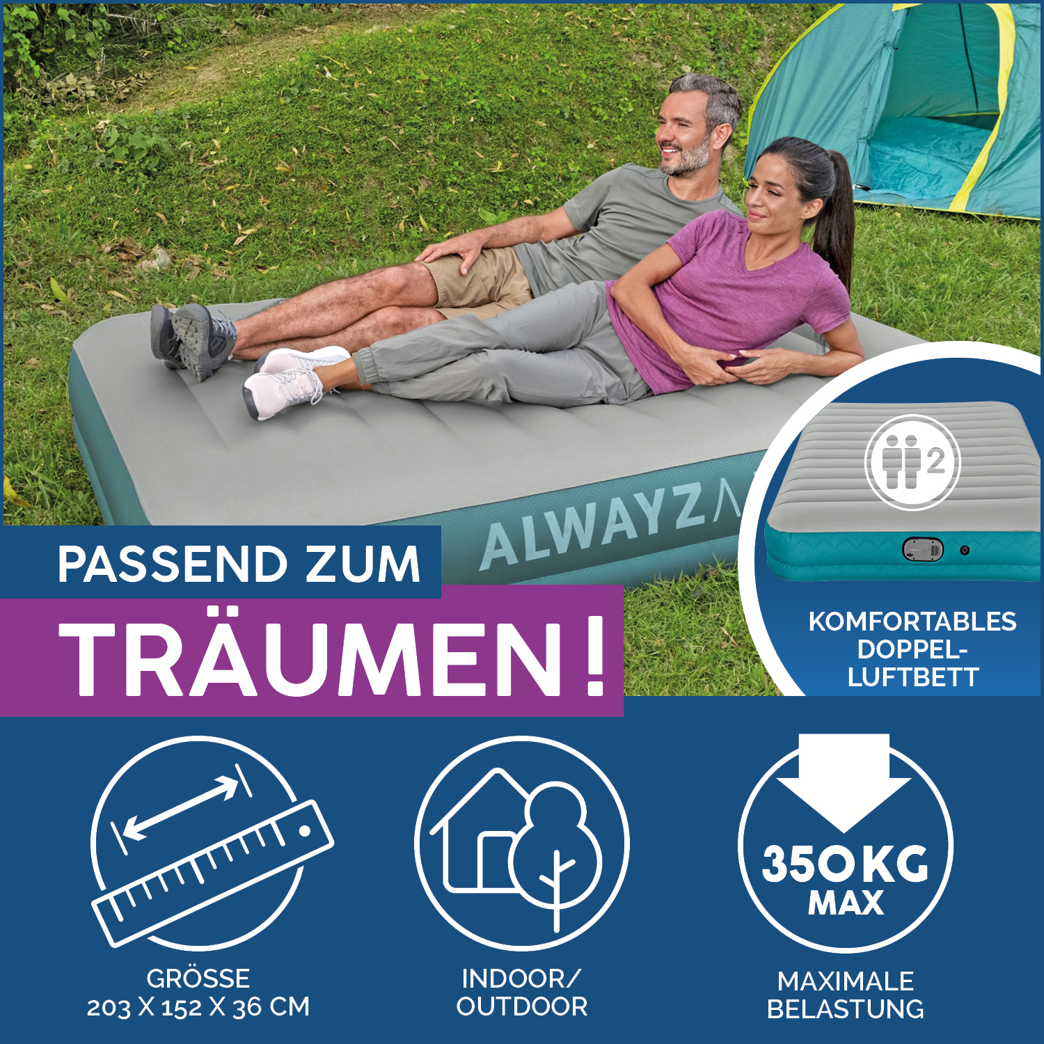 AlwayzAire™ 2-Personen-Luftbett ohne Druckverlust Selbstaufblasend 203 x 152 x 36 cm