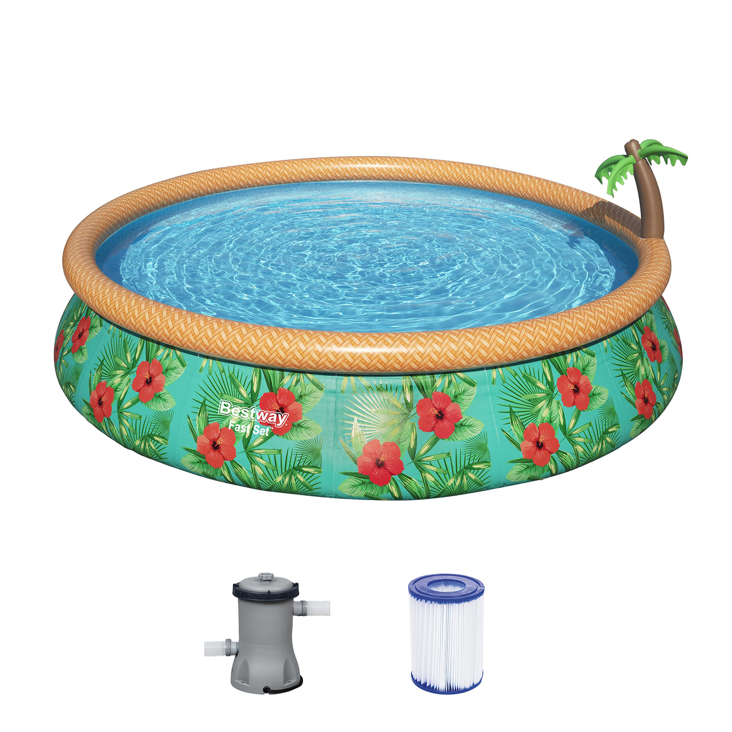 Fast Set™ Aufstellpool-Set mit Wassersprinkler und Filterpumpe Ø 457 x 84 cm, Buntes Hawaii, rund