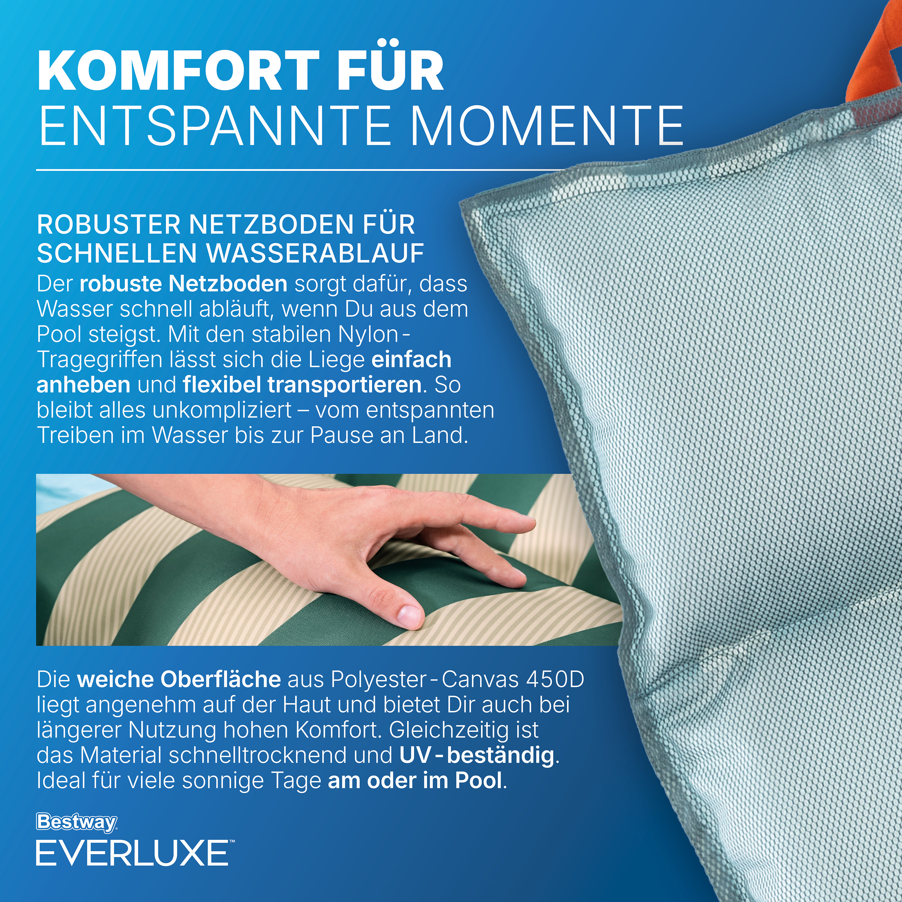 Everluxe™ Poolliege mit Textiloberfläche und EPS-Perlen-Füllung, 183 x 90 x 20 cm