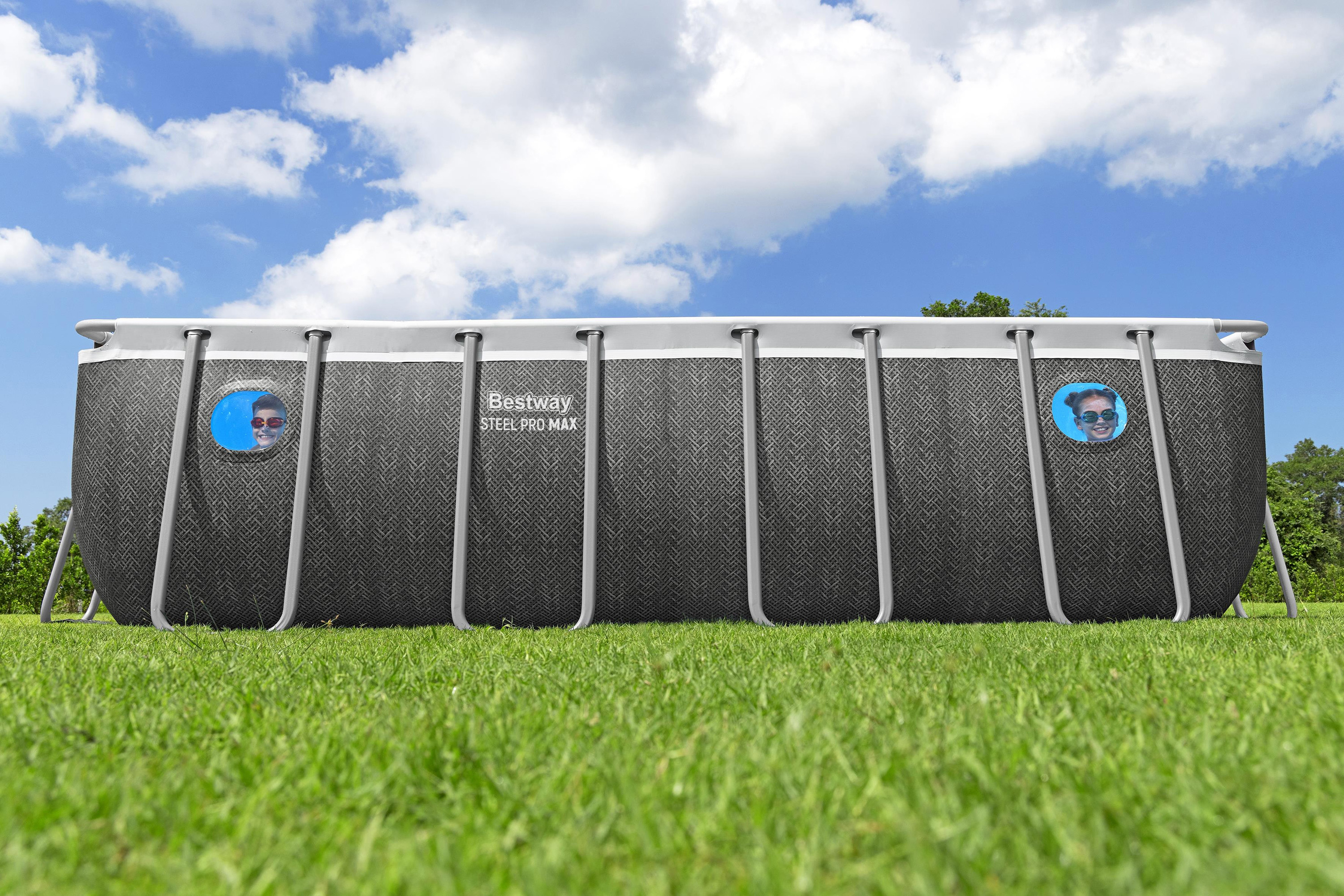 Steel Pro MAX™ Splashview™ Solo Pool ohne Zubehör 488 x 244 x 122 cm, Rattan-Optik (Schiefergrau), eckig