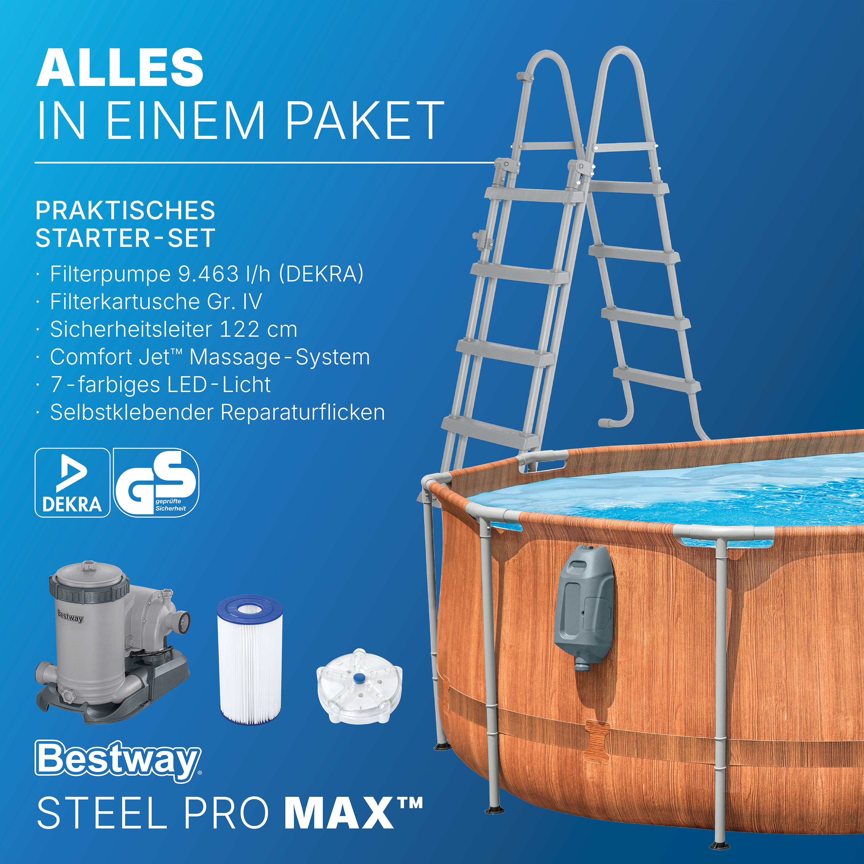 Steel Pro MAX™ Comfort Jet Series™ Frame Pool Set mit Filterpumpe 610 x 366 x 122 cm, Holz-Optik (Pinie), oval