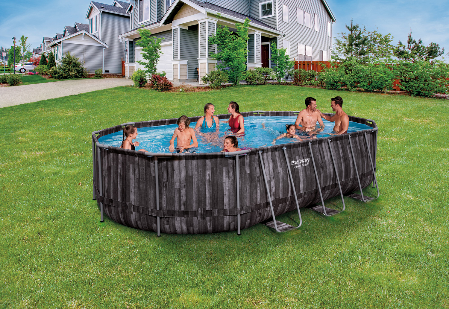 Power Steel™ Frame Pool Komplett Set mit Filterpumpe 610 x 366 x 122 cm , Holz-Optik (Mooreiche), oval