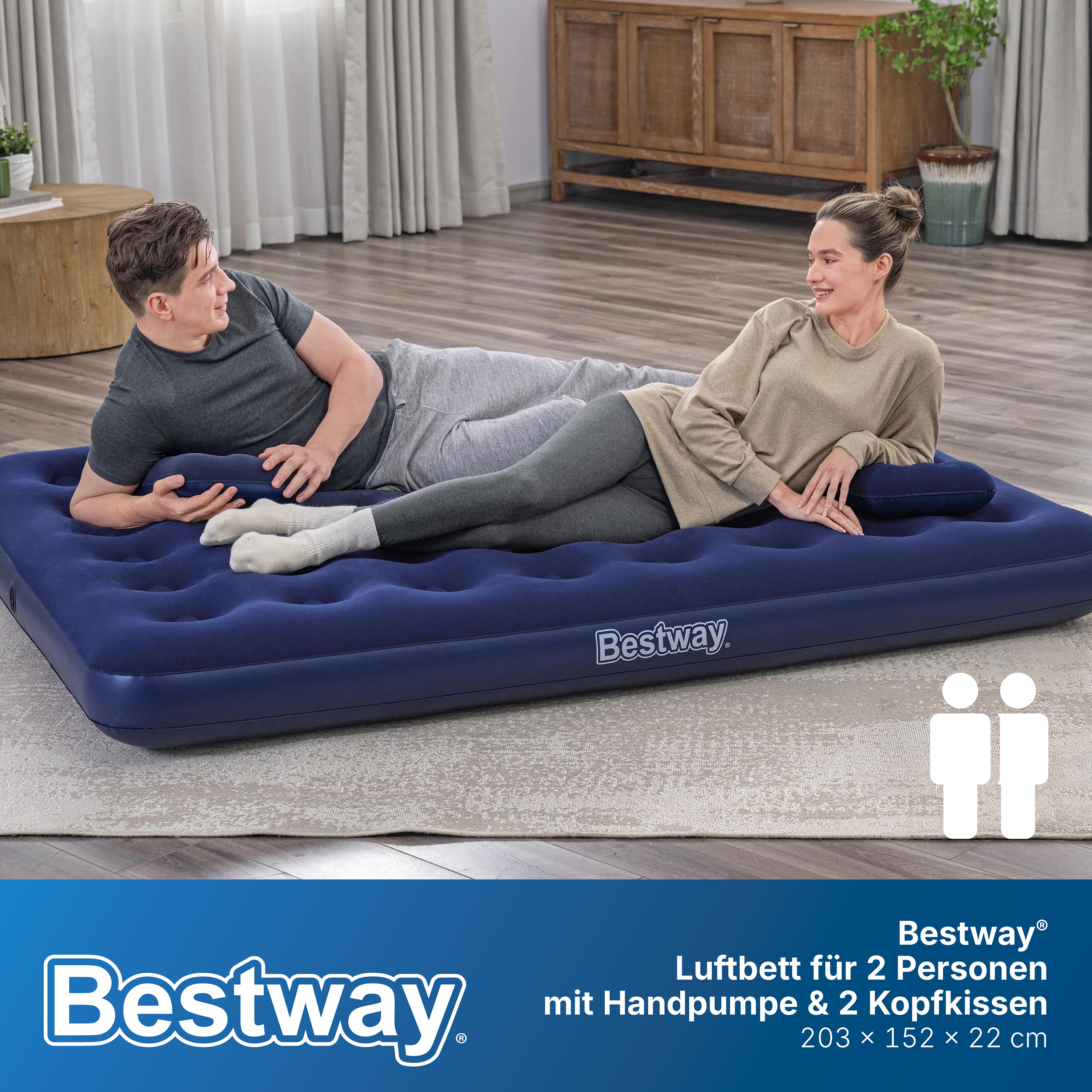 Luftbett für 2 Personen mit Handpumpe & 2 Kopfkissen 203 x 152 x 22 cm