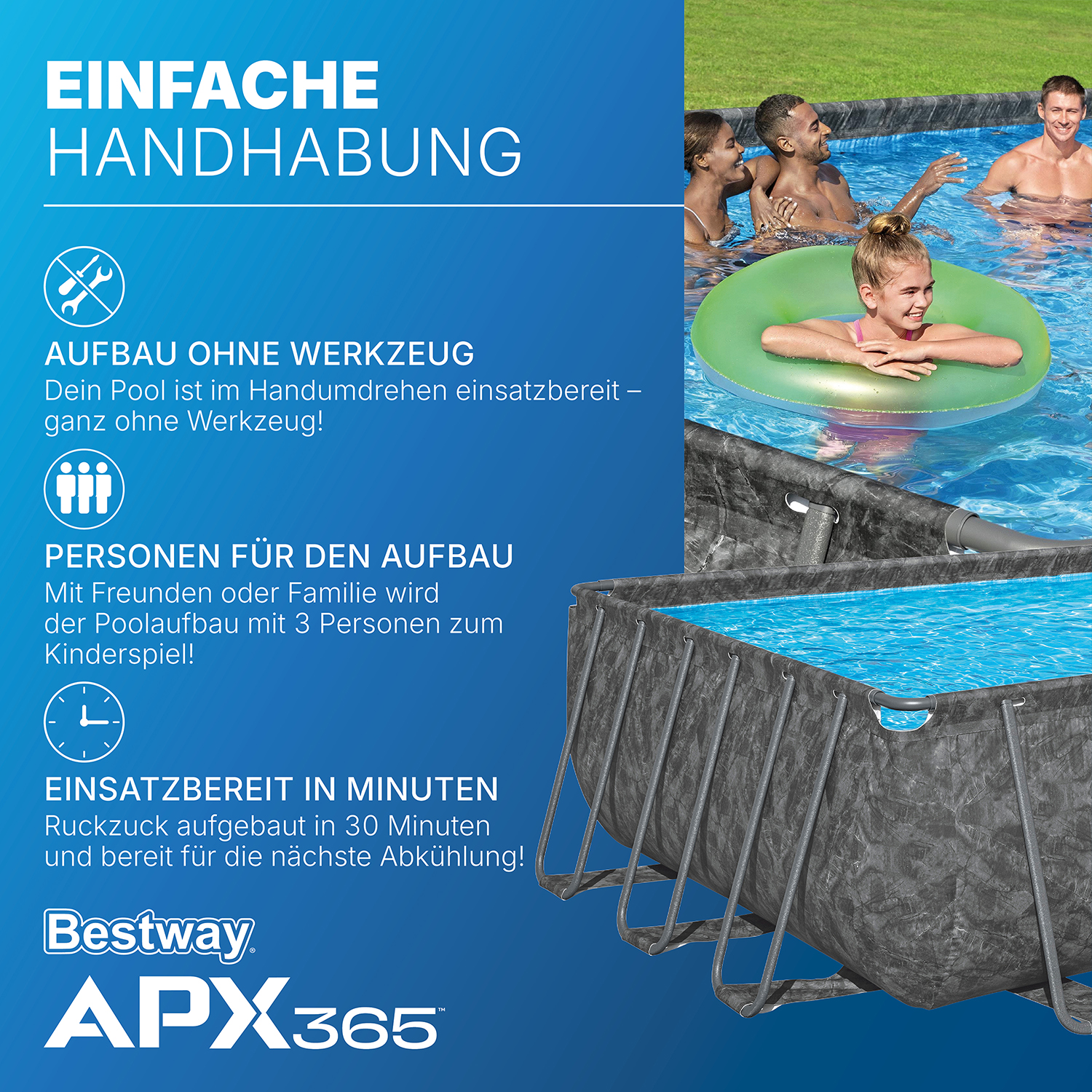 APX365™ Winterfestes Frame Pool Komplett-Set mit Sandfilteranlage 732 x 366 x 132 cm, Marmor-Optik (Dunkel), eckig