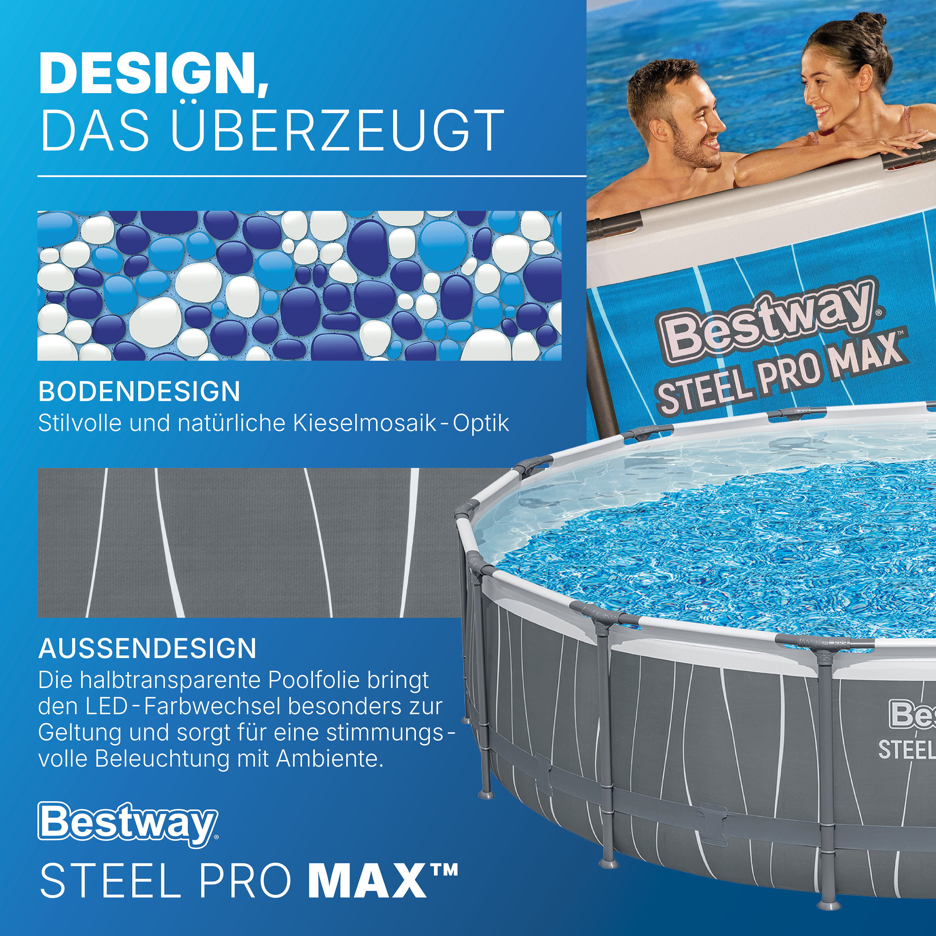 Steel Pro MAX™ Frame Pool Komplett Set mit Filterpumpe Ø 457 x 107 cm, LED-Design, rund