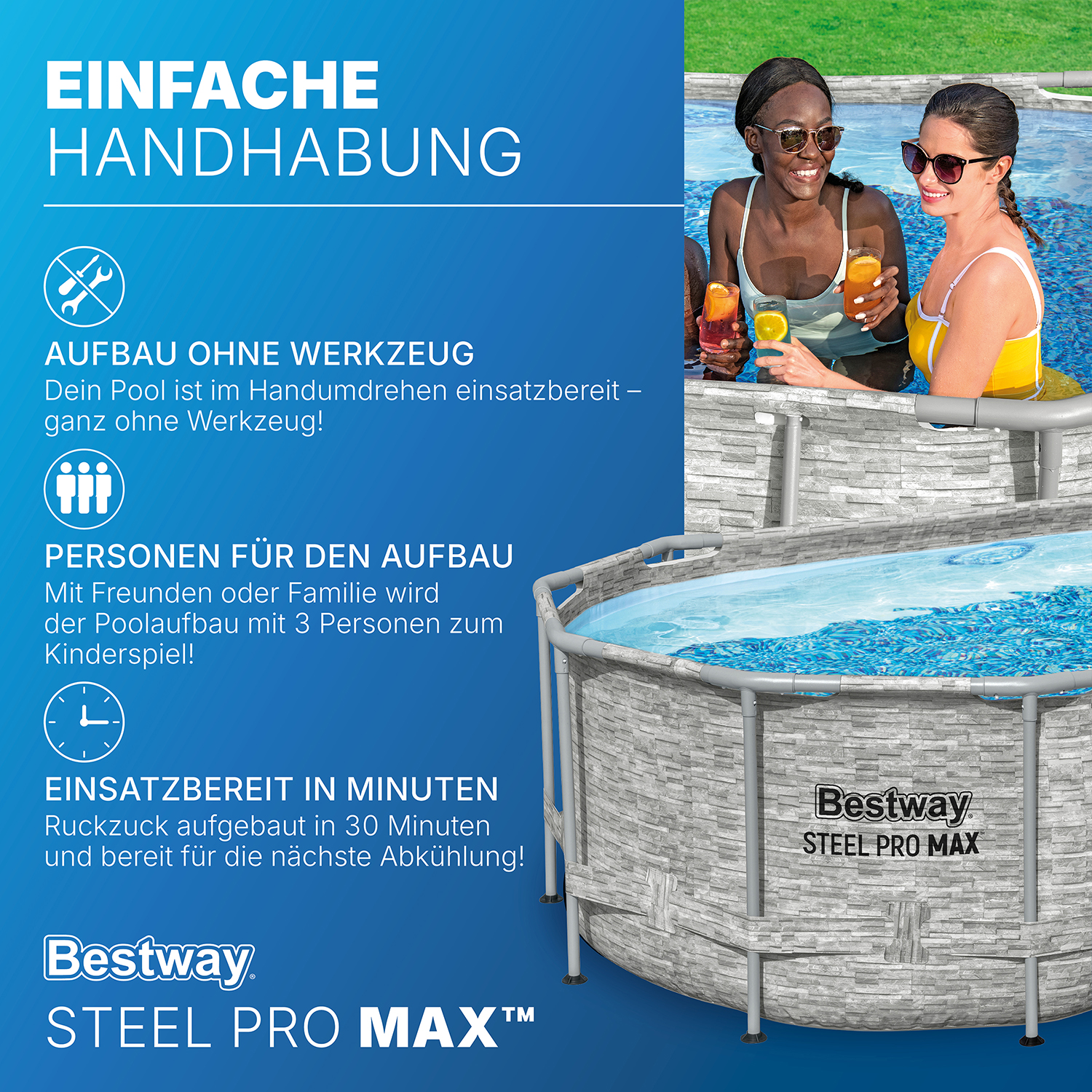 Steel Pro MAX™ Splashview™ Frame Pool Komplett Set mit Filterpumpe 427 x 250 x 100 cm, Steinwand-Optik (Cremegrau), oval