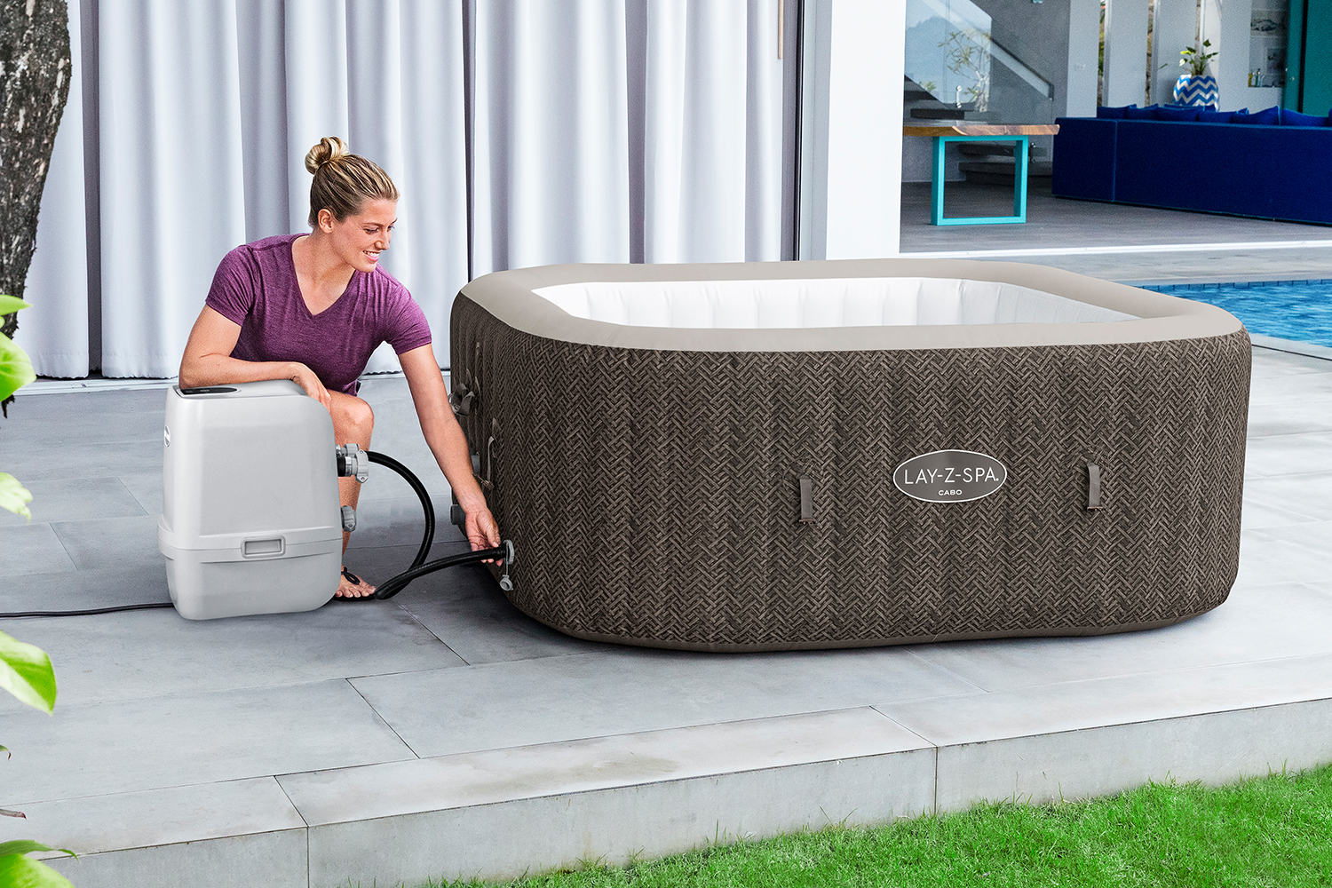 LAY-Z-SPA® Energiespar Whirlpool Cabo HydroJet™ mit App-Steuerung, für 6 Personen, 180 x 180 x 71 cm, Kreuzgeflecht-Optik (Eichengrau)