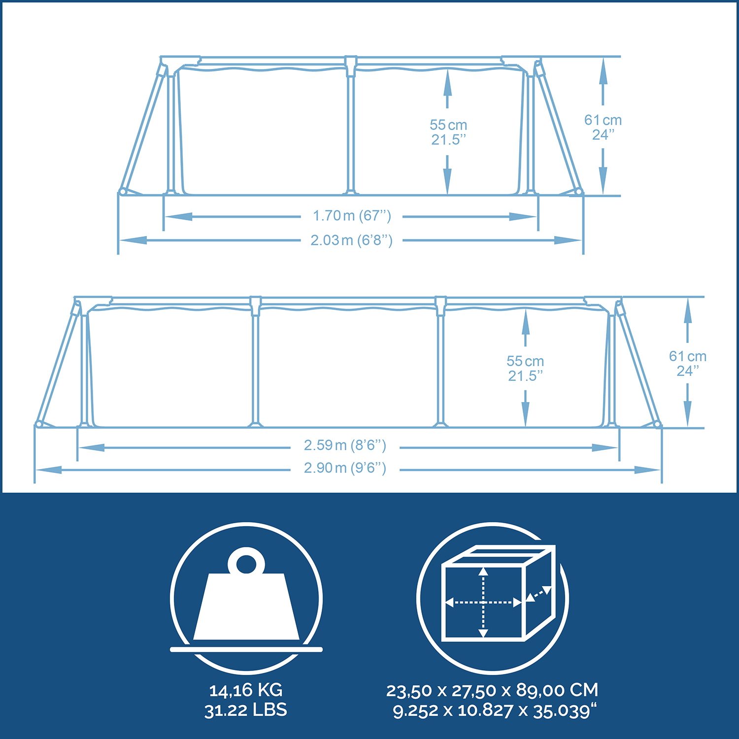Steel Pro™ Frame Pool ohne Pumpe 259 x 170 x 61 cm, dunkelblau, eckig