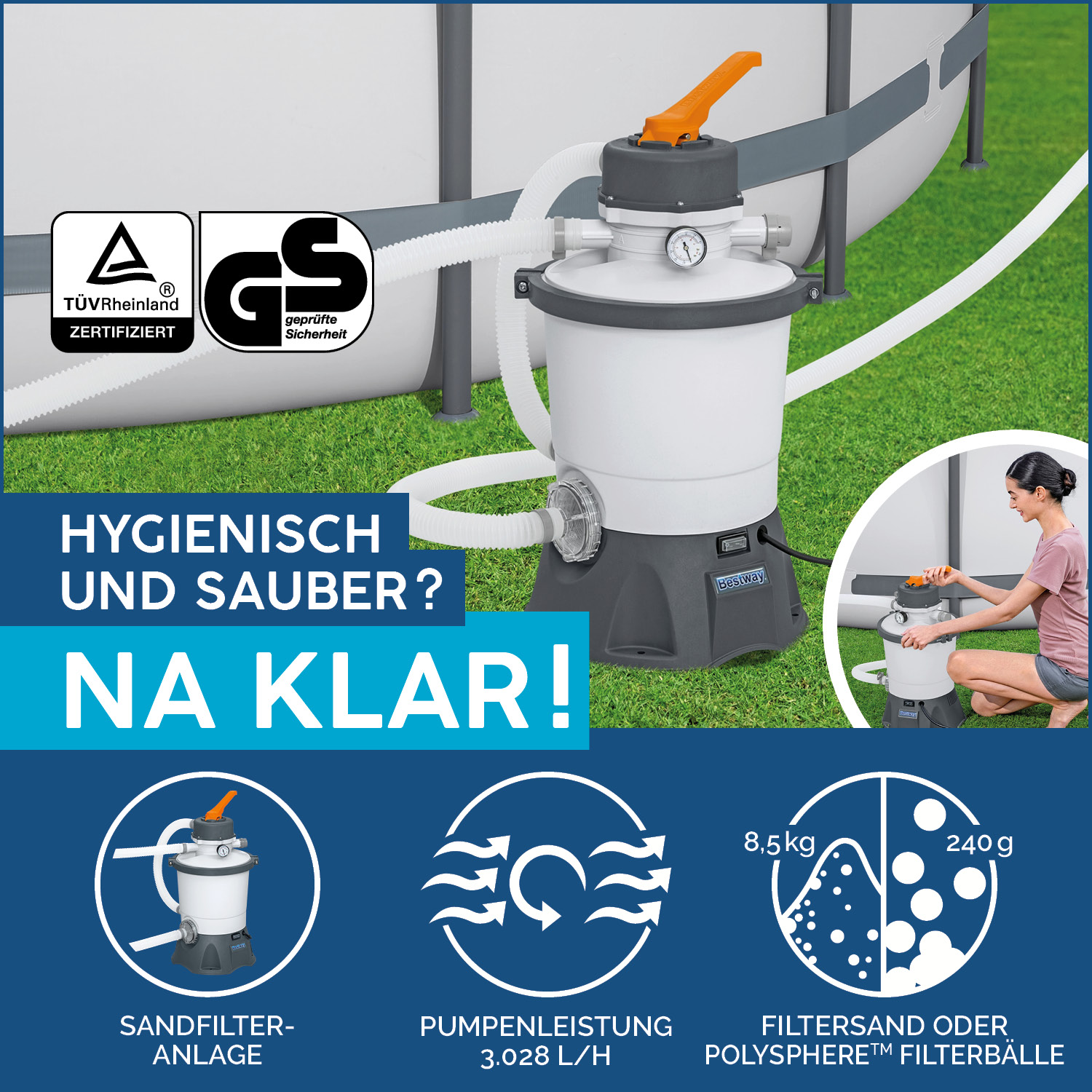Power Steel™ Frame Pool Set mit Sandfilteranlage 412 x 201 x 122 cm, grau, eckig