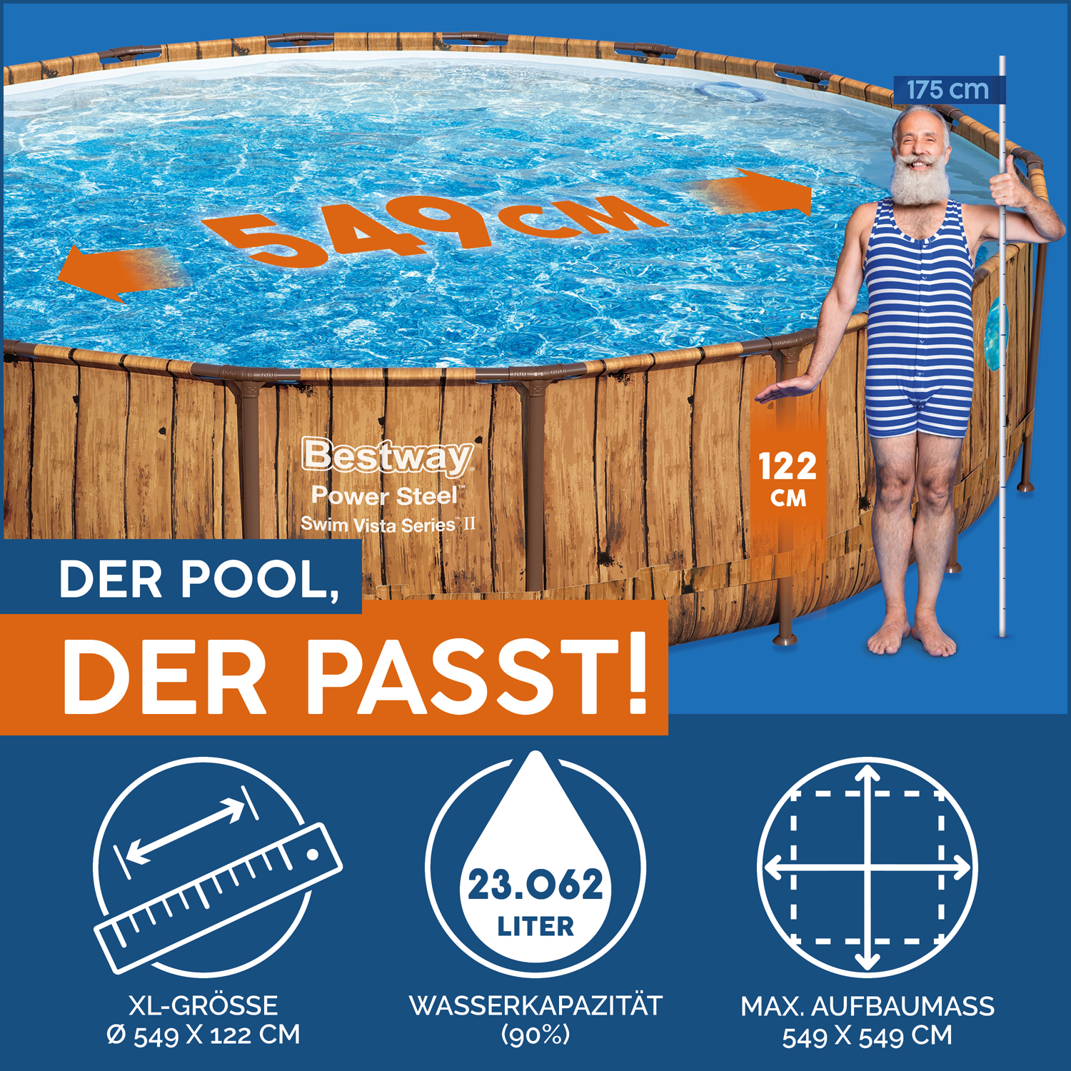 Power Steel™ Swim Vista Series™ Frame Pool Komplett-Set mit Filterpumpe Ø 549 x 122 cm, Holz-Optik (Pinie), rund