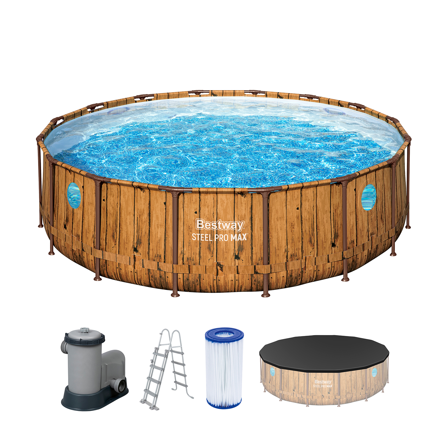 Steel Pro MAX™ Splashview™ Frame Pool Komplett-Set mit Filterpumpe Ø 488 x 122 cm, Holz-Optik (Pinie), rund