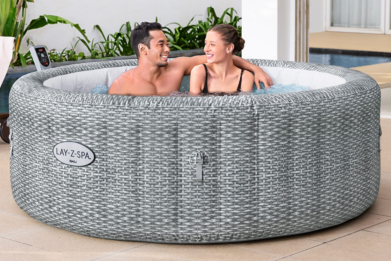 LAY-Z-SPA® Energiespar-Whirlpool Bali AirJet™ mit App-Steuerung, Ø 196 x 71 cm, für 6 Personen, Rattan-Optik (Lichtgrau)