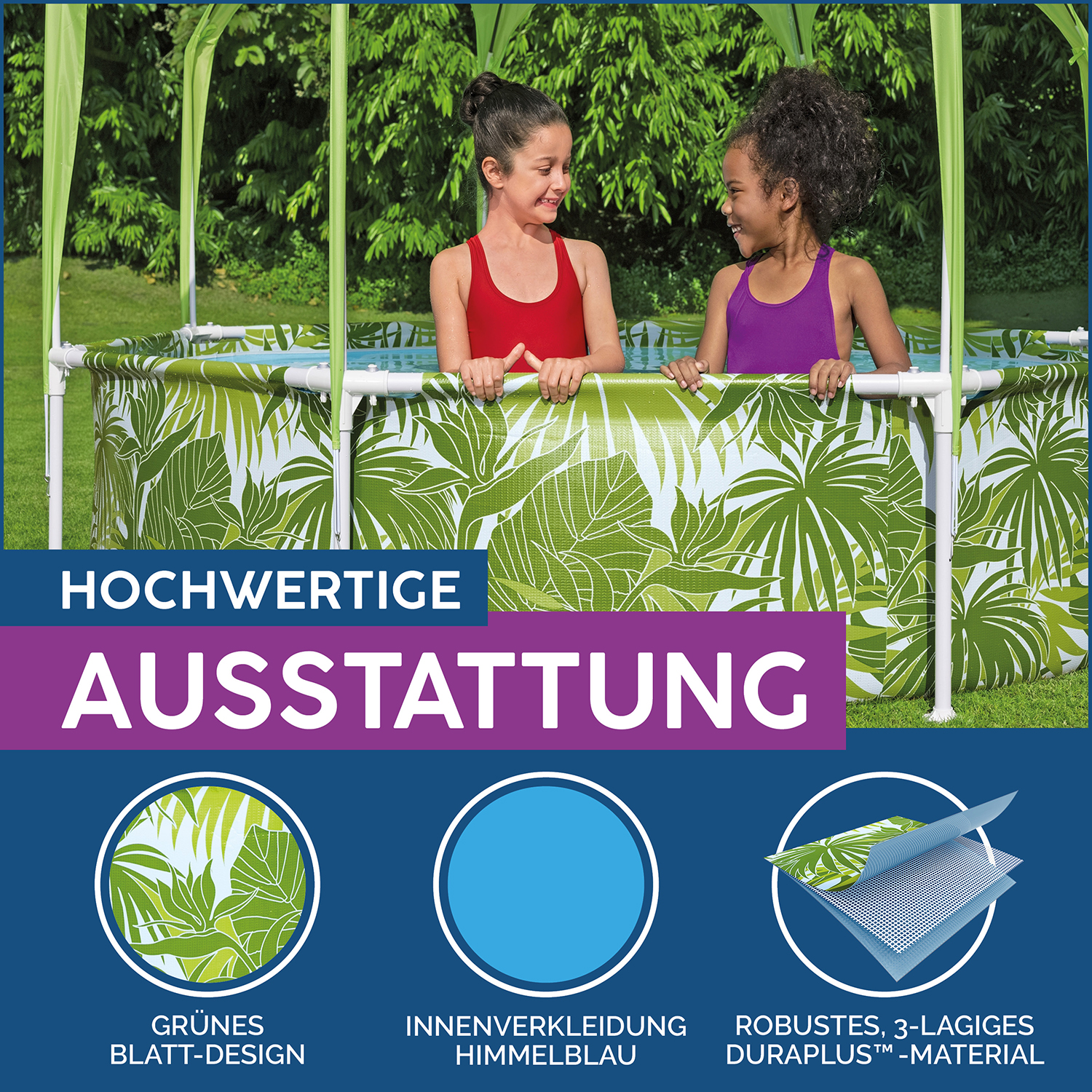 Steel Pro™ Frame Pool mit Sonnenschutzdach "Splash-in-Shade" ohne Pumpe Ø 244 x 51 cm, grünes Blätter-Design, rund 