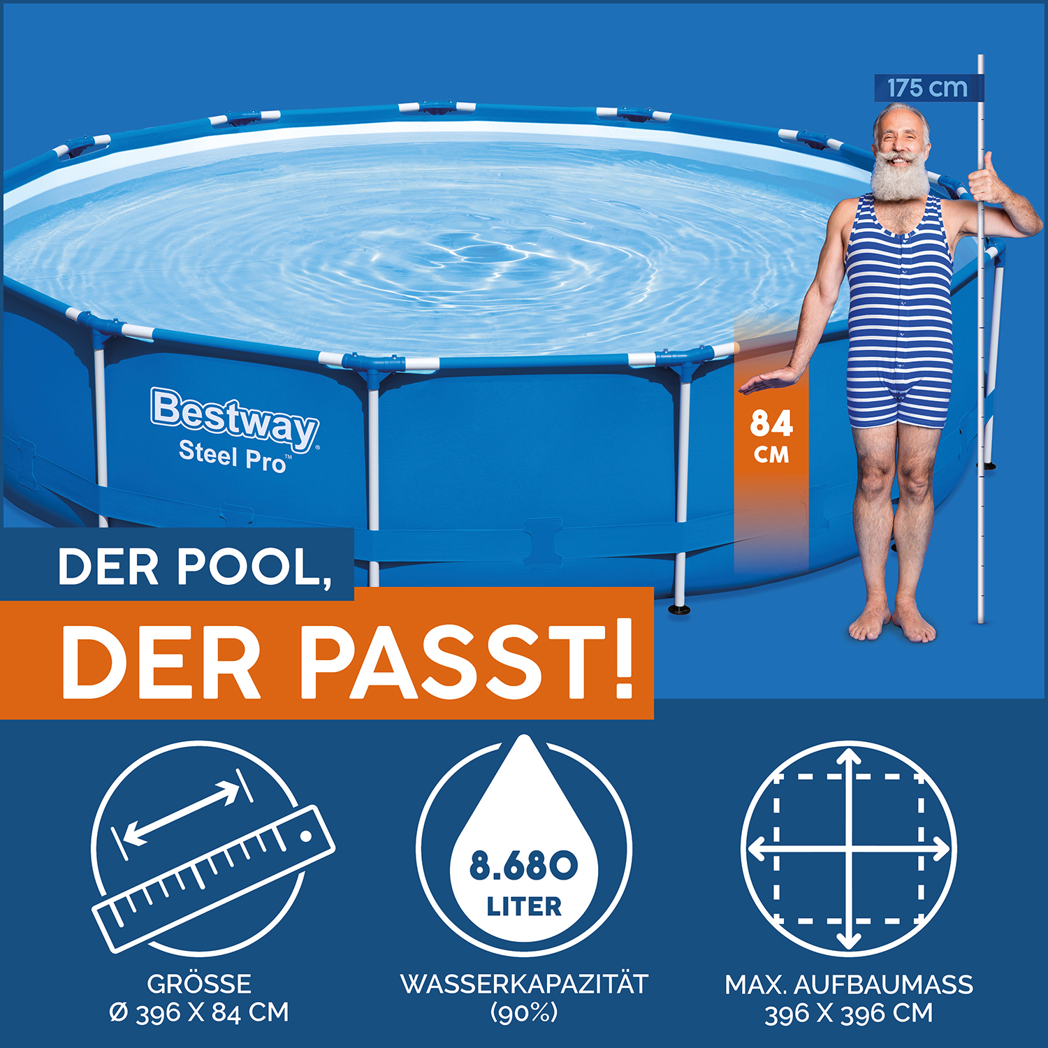 Steel Pro™ Frame Pool-Set mit Filterpumpe Ø 396 x 84 cm, blau, rund