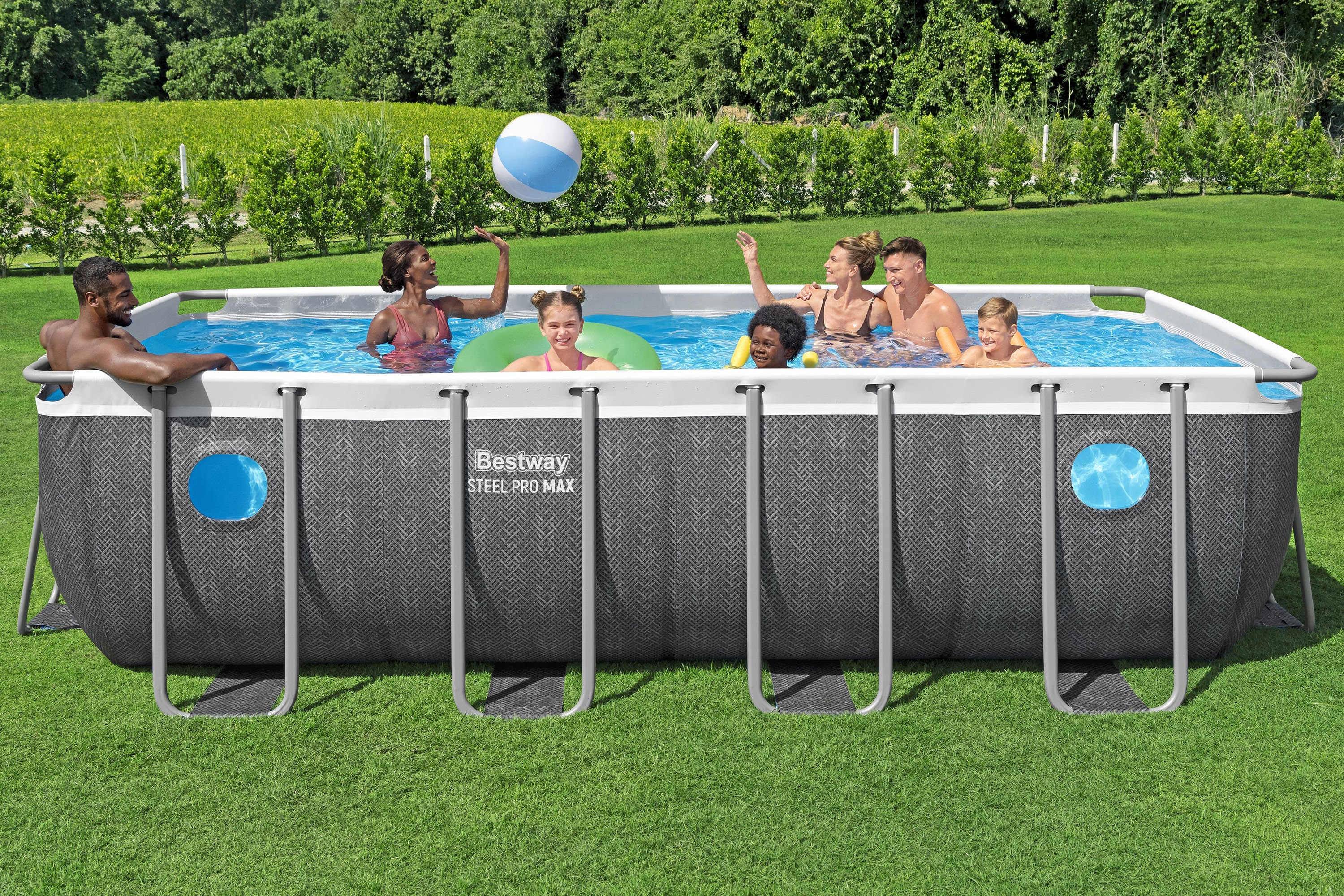 Steel Pro MAX™ Splashview™ Solo Pool ohne Zubehör 488 x 244 x 122 cm, Rattan-Optik (Schiefergrau), eckig