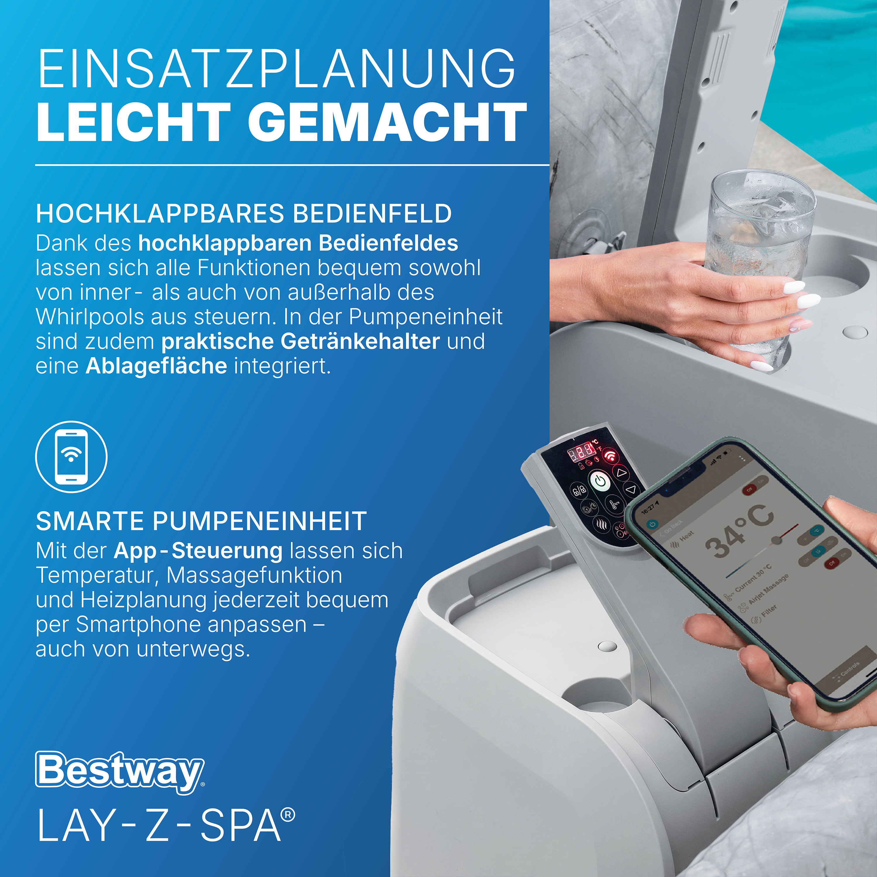 LAY-Z-SPA® WLAN-Whirlpool San Francisco HydroJet Pro™ mit App-Steuerung, für 7 Personen 230 x 230 x 71 cm, Marmor-Optik (Samtgrau)