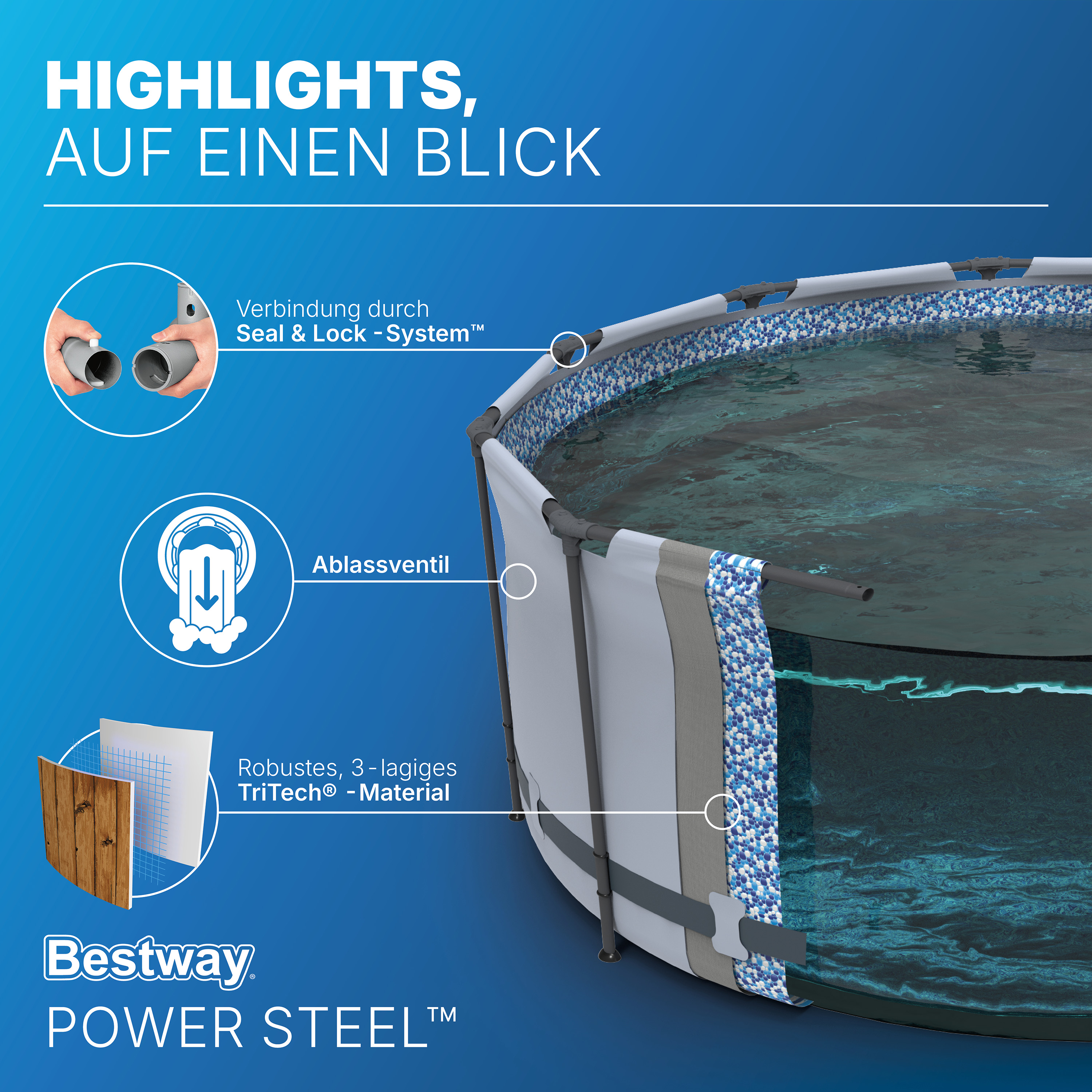Power Steel™ Swim Vista Series™ Solo Pool ohne Zubehör  Ø 488 x 122 cm, Holz-Optik (Pinie), rund