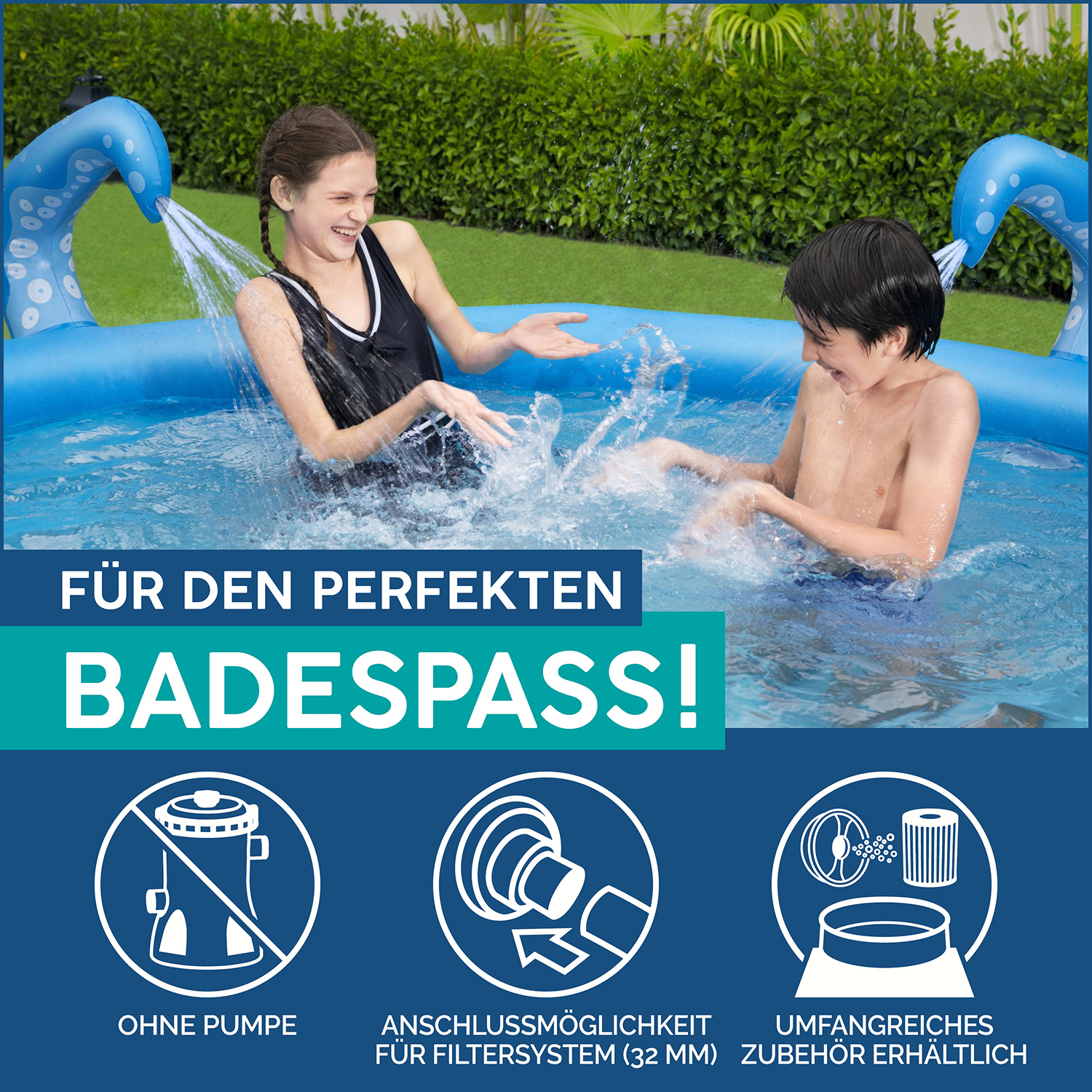 Fast Set™ OctoPool mit integerierten Wassersprinklern Ø 274 x 76 cm, blau mit Muster, rund Fast Set™ OctoPool mit integerierten Wassersprinklern Ø 274 x 76 cm, blau mit Muster, rund
