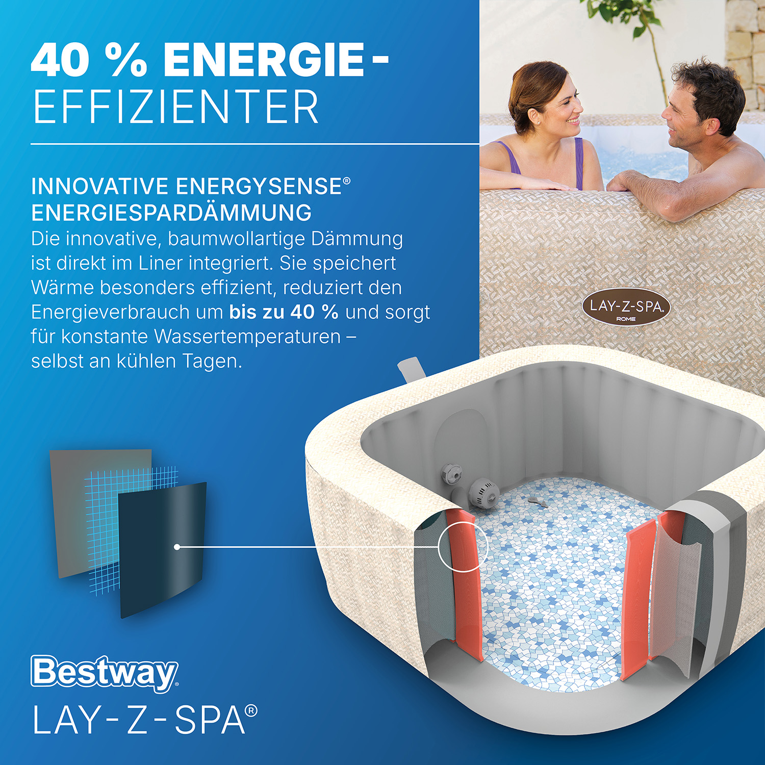 LAY-Z-SPA® Energiespar Whirlpool Rome AirJet™ mit App-Steuerung, für 7 Pers. 201 x 201 x 71 cm, Sandmarmor-Optik