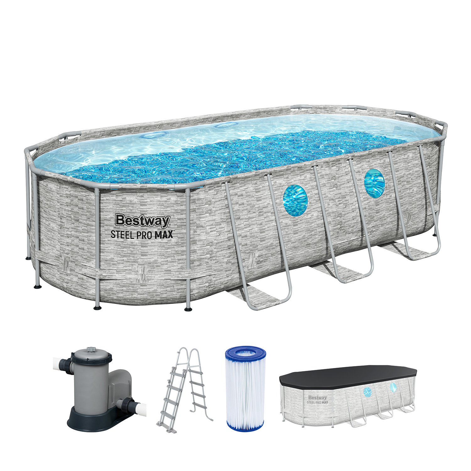 Steel Pro MAX™ Splashview™ Frame Pool Komplett-Set mit Filterpumpe 549 x 274 x 122 cm, Steinwand-Optik (Cremegrau), oval