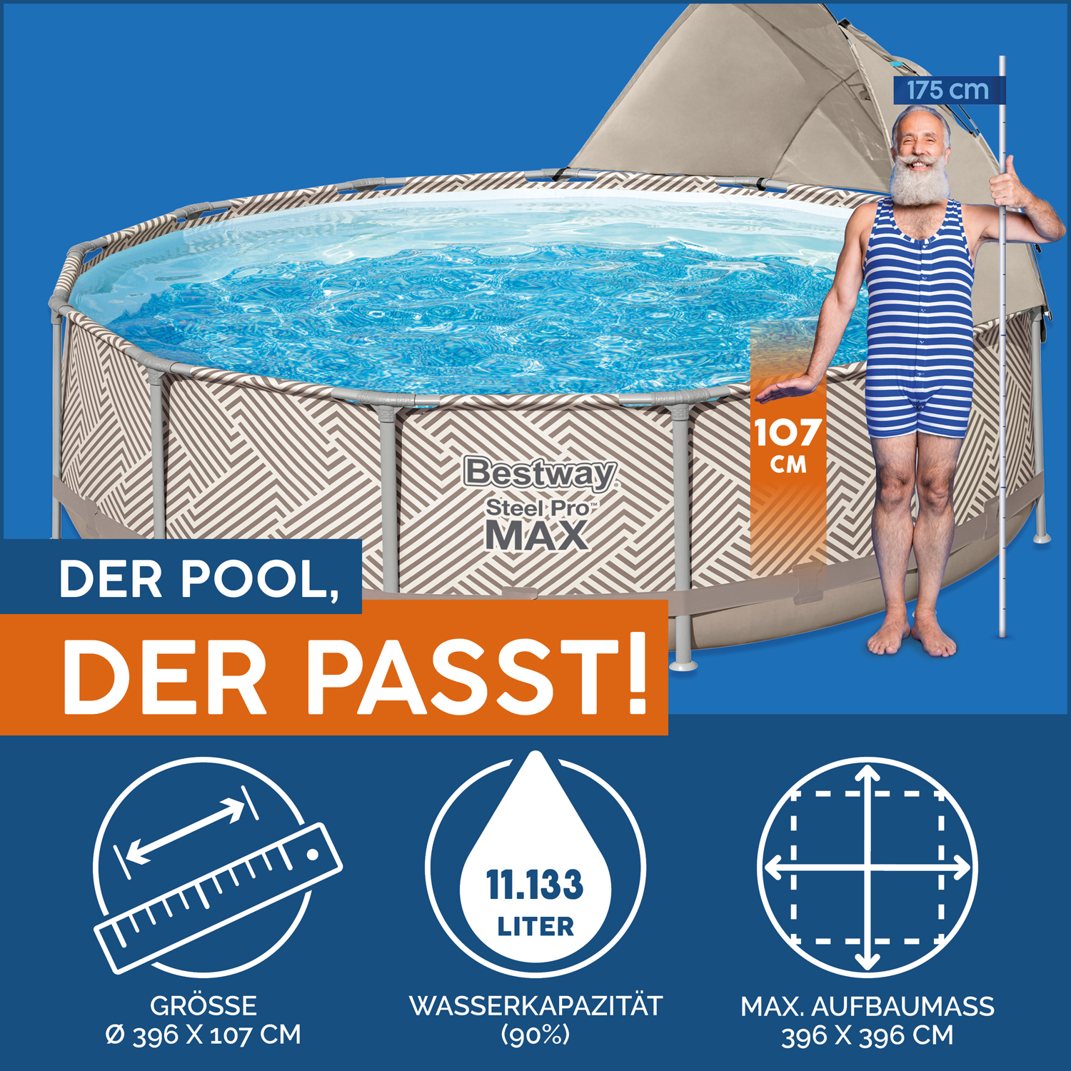 Steel Pro MAX™ Frame Pool Komplett-Set mit Filterpumpe Ø 396 x 107 cm, Op Art-Design, rund