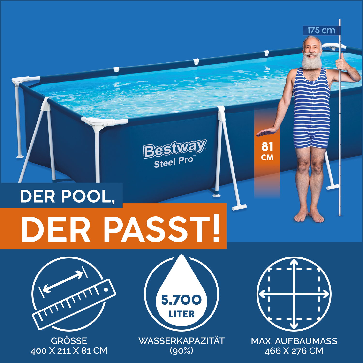Steel Pro™ Frame Pool Set mit Filterpumpe 400 x 211 x 81 cm , dunkelblau, eckig