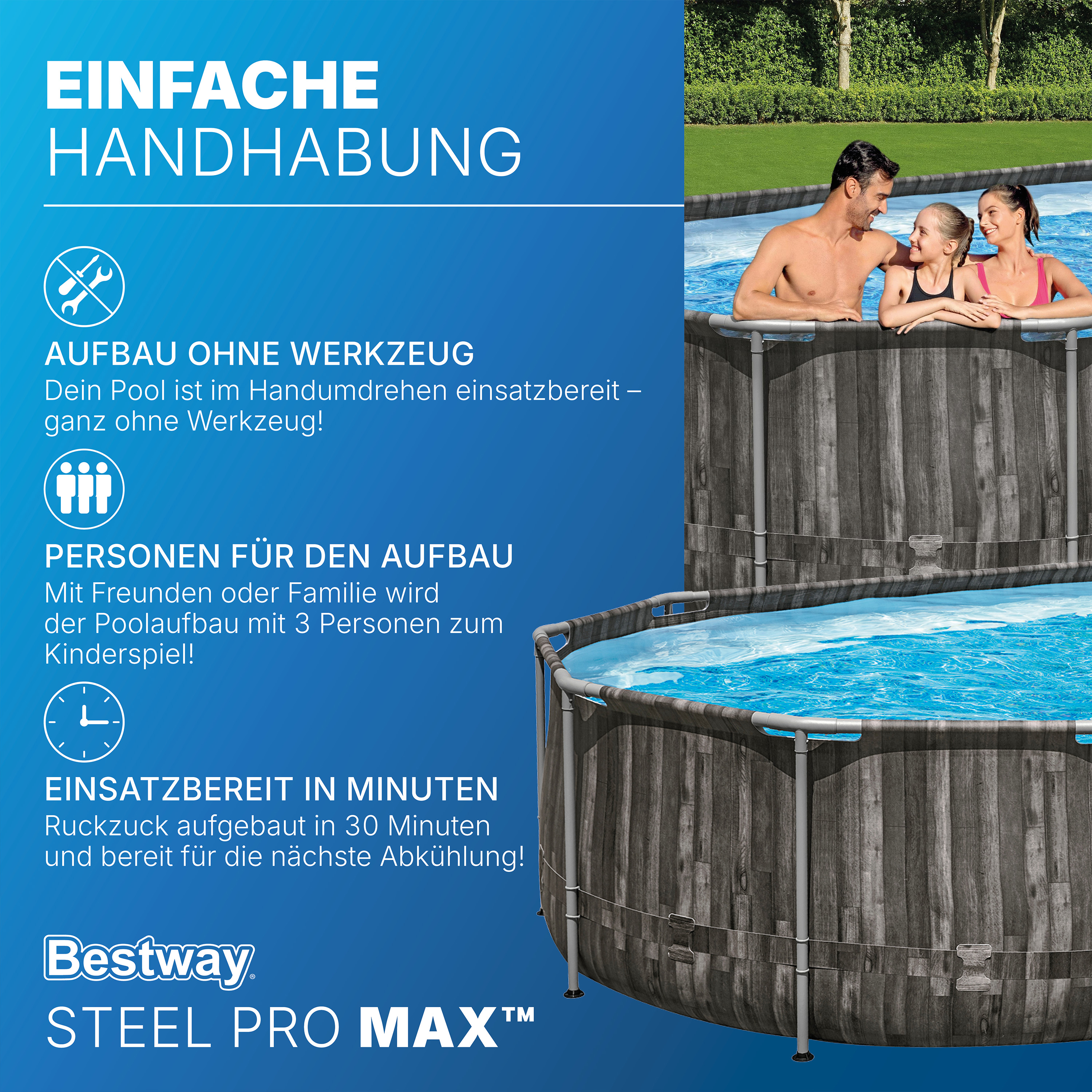 Steel Pro MAX™ Frame Pool Komplett Set mit Filterpumpe 610 x 366 x 122 cm , Holz-Optik (Mooreiche), oval