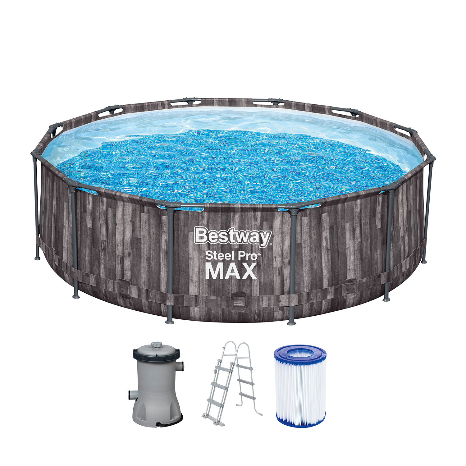 Steel Pro MAX™ Frame Pool Set mit Filterpumpe Ø 366 x 100 cm, Holz-Optik (Mooreiche), rund