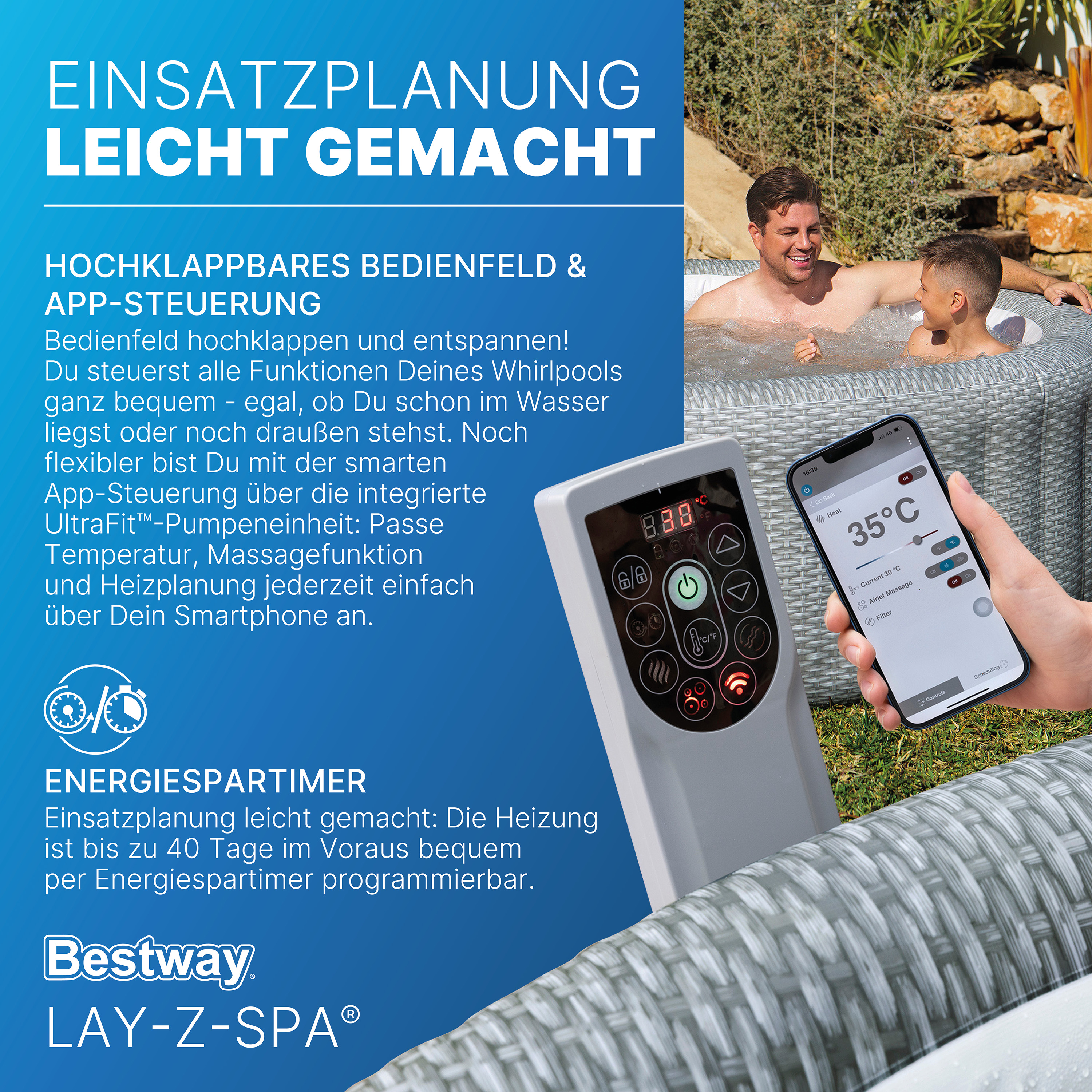 LAY-Z-SPA® Energiespar Whirlpool Bali AirJet™ mit App-Steuerung, Ø 196 x 71 cm, für 6 Personen, Rattan-Optik (Lichtgrau)