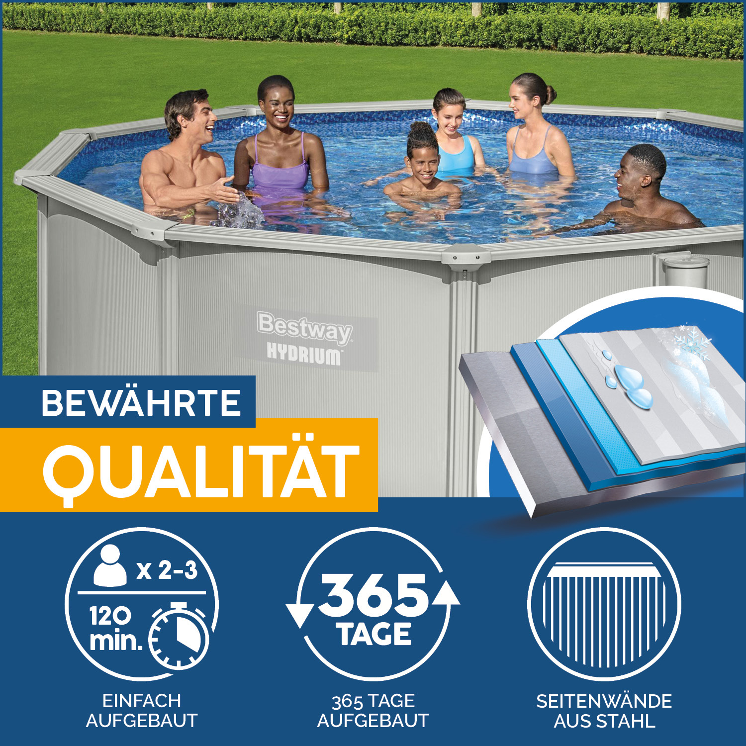 Hydrium™ Stahlwandpool Komplett-Set mit Sandfilteranlage Ø 460 x 120 cm, granitgrau, rund