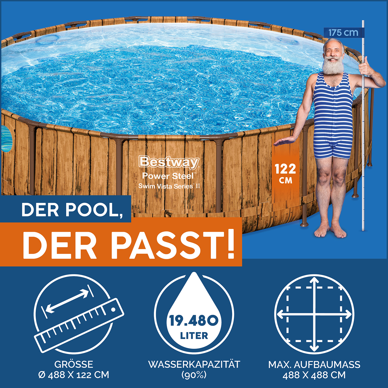 Steel Pro MAX™ Splashview™ Frame Pool Komplett-Set mit Filterpumpe Ø 488 x 122 cm, Holz-Optik (Pinie), rund