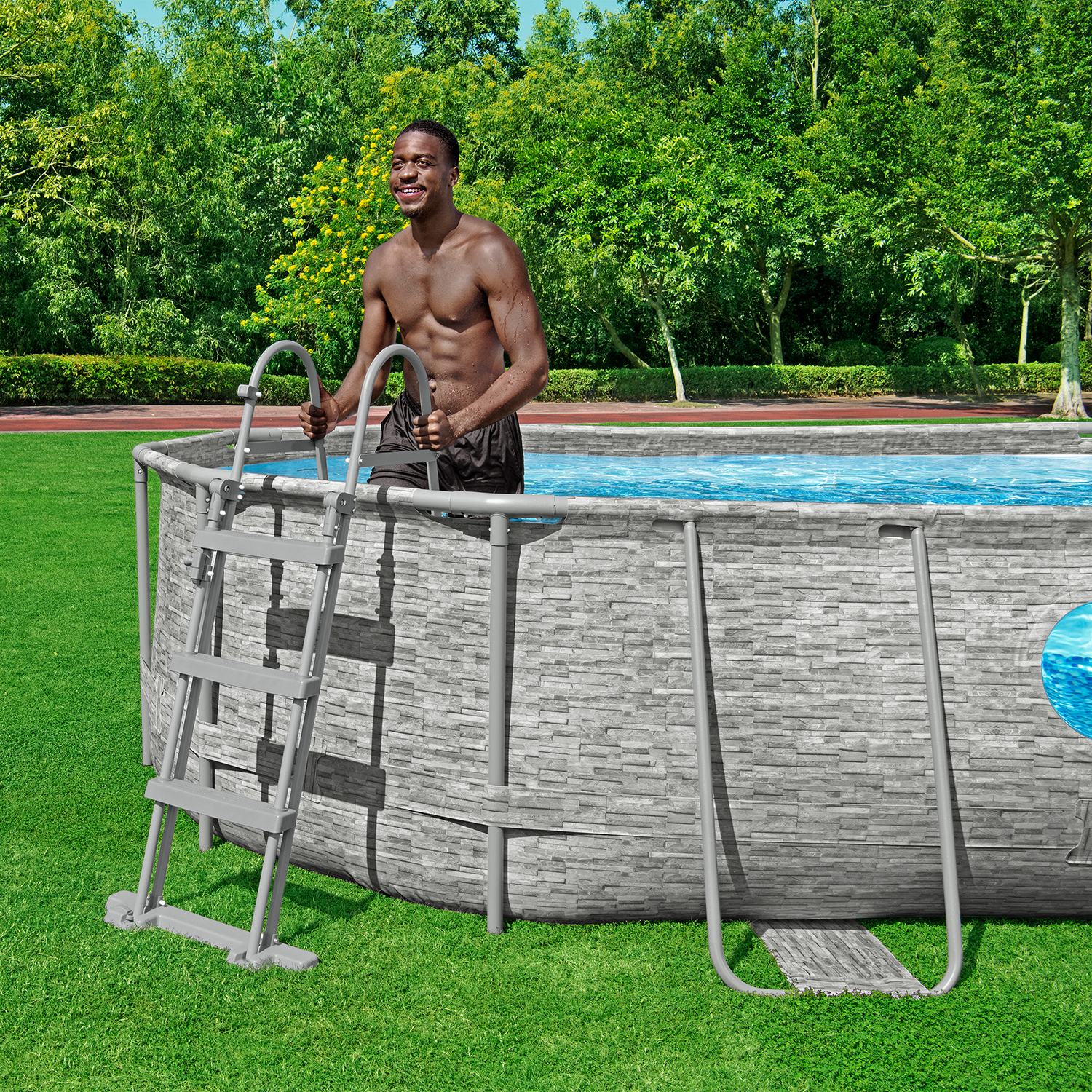 Steel Pro MAX™ Splashview™ Frame Pool Komplett-Set mit Filterpumpe 427 x 250 x 100 cm, Steinwand-Optik (Cremegrau), oval
