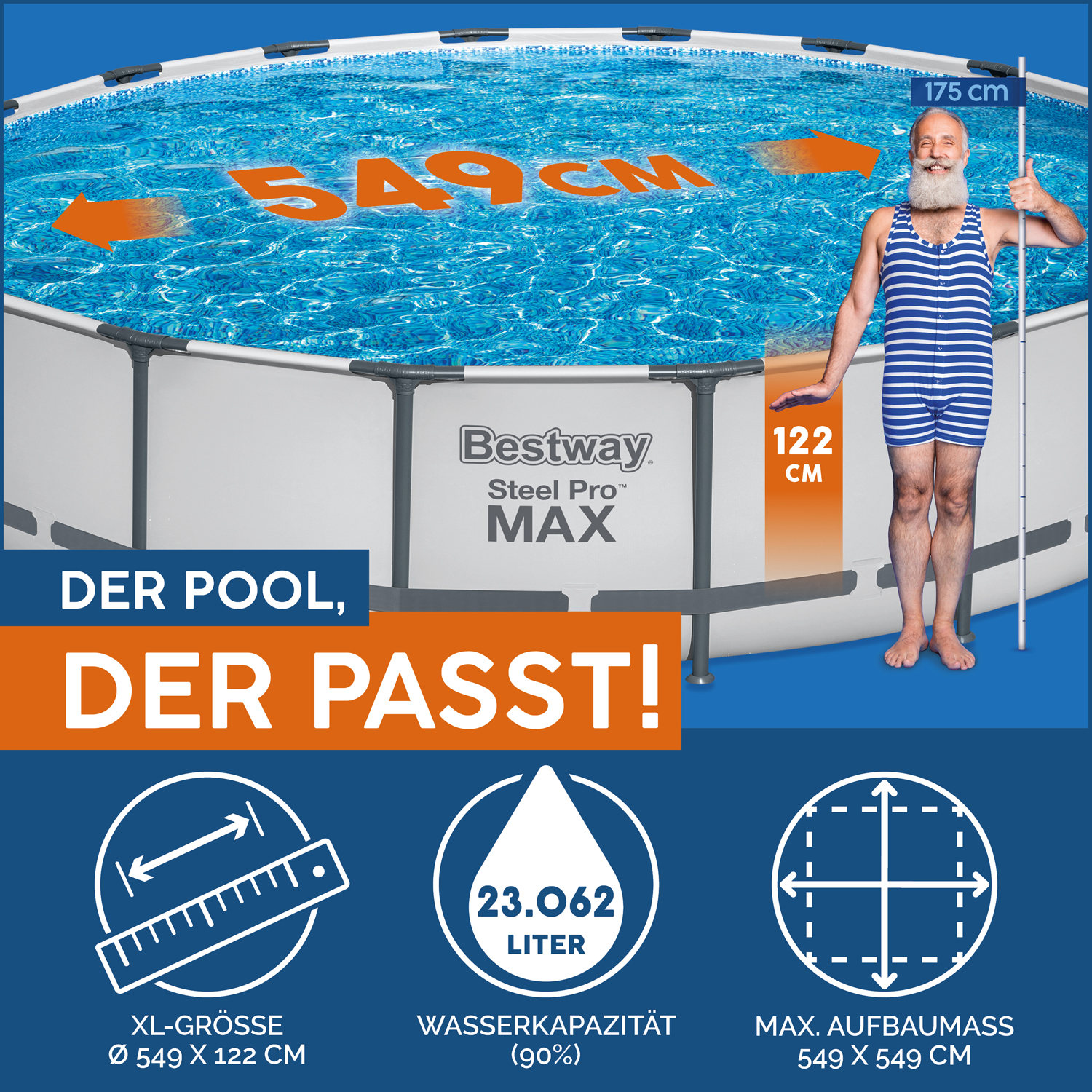 Steel Pro MAX™ Frame Pool Komplett-Set mit Filterpumpe Ø 549 x 122 cm, lichtgrau, rund