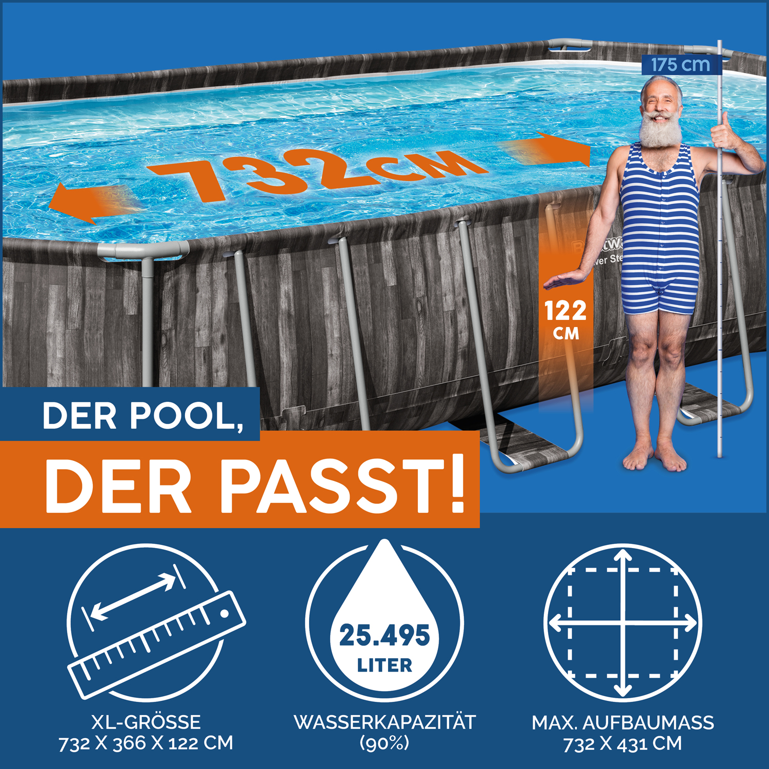 Power Steel™ Frame Pool Komplett-Set mit Filterpumpe 732 x 366 x 122 cm , Holz-Optik (Mooreiche), oval