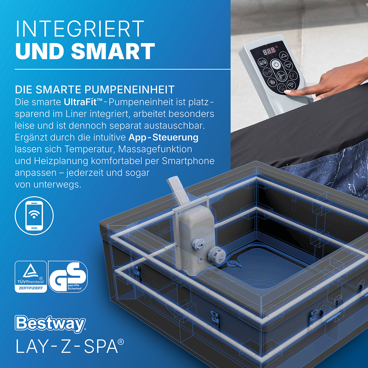 LAY-Z-SPA® ThermaCore™ Energiespar Whirlpool Stockholm AirJet™ mit App Steuerung, für 6 Personen, 164 x 164 x 65 cm, eckig