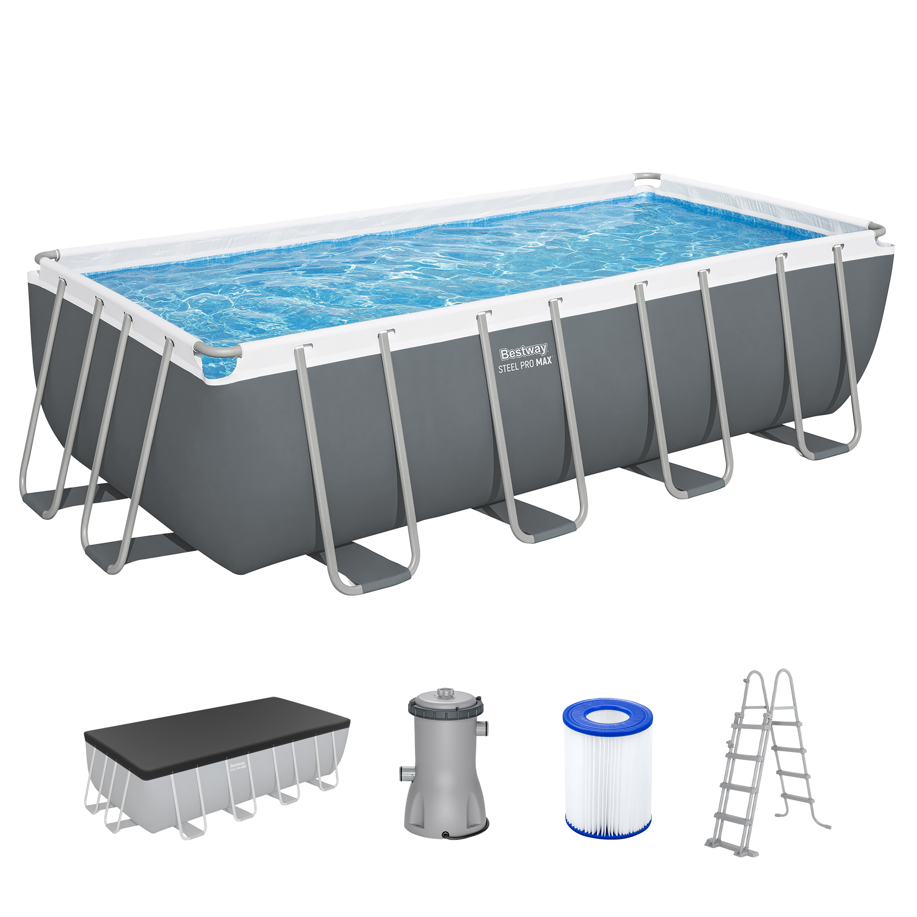Steel Pro MAX™ Frame Pool Komplett Set mit Filterpumpe 488 x 244 x 122 cm, grau, eckig