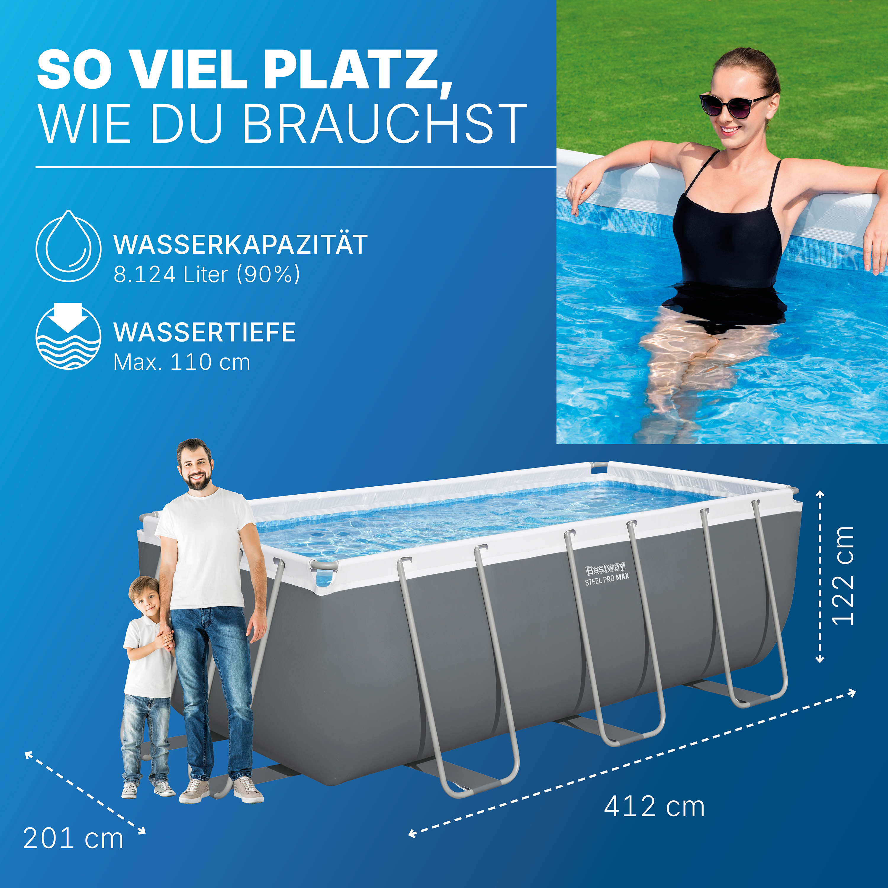 Steel Pro MAX™ Solo Pool ohne Zubehör 412 x 201 x 122 cm, grau, eckig