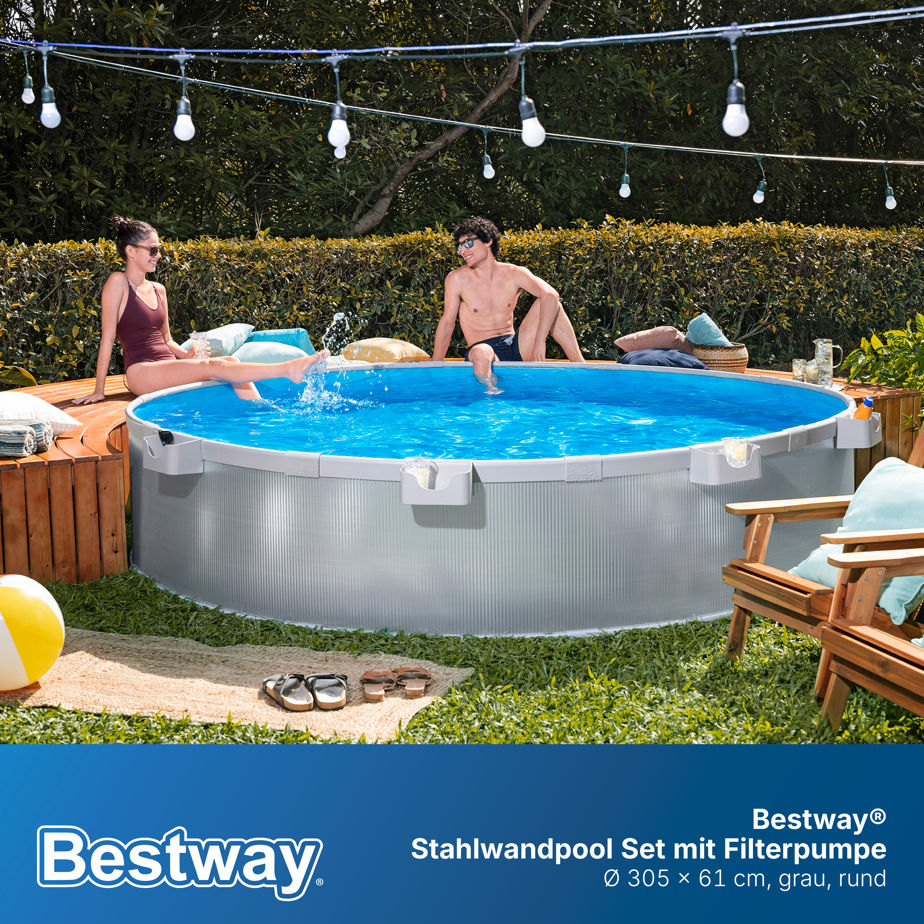 Stahlwandpool-Set mit Filterpumpe Ø 305 x 61 cm, grau, rund