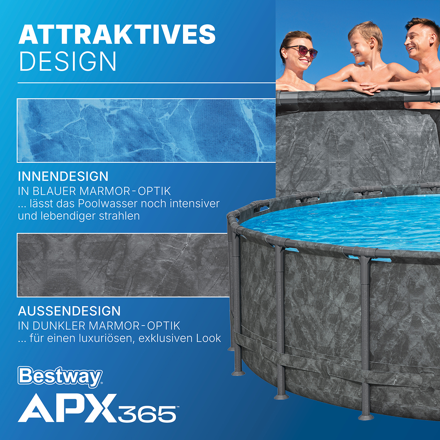 APX365™ Winterfestes Frame Pool Komplett-Set mit Sandfilteranlage Ø 610 x 132 cm, Marmor-Optik (Dunkel), rund