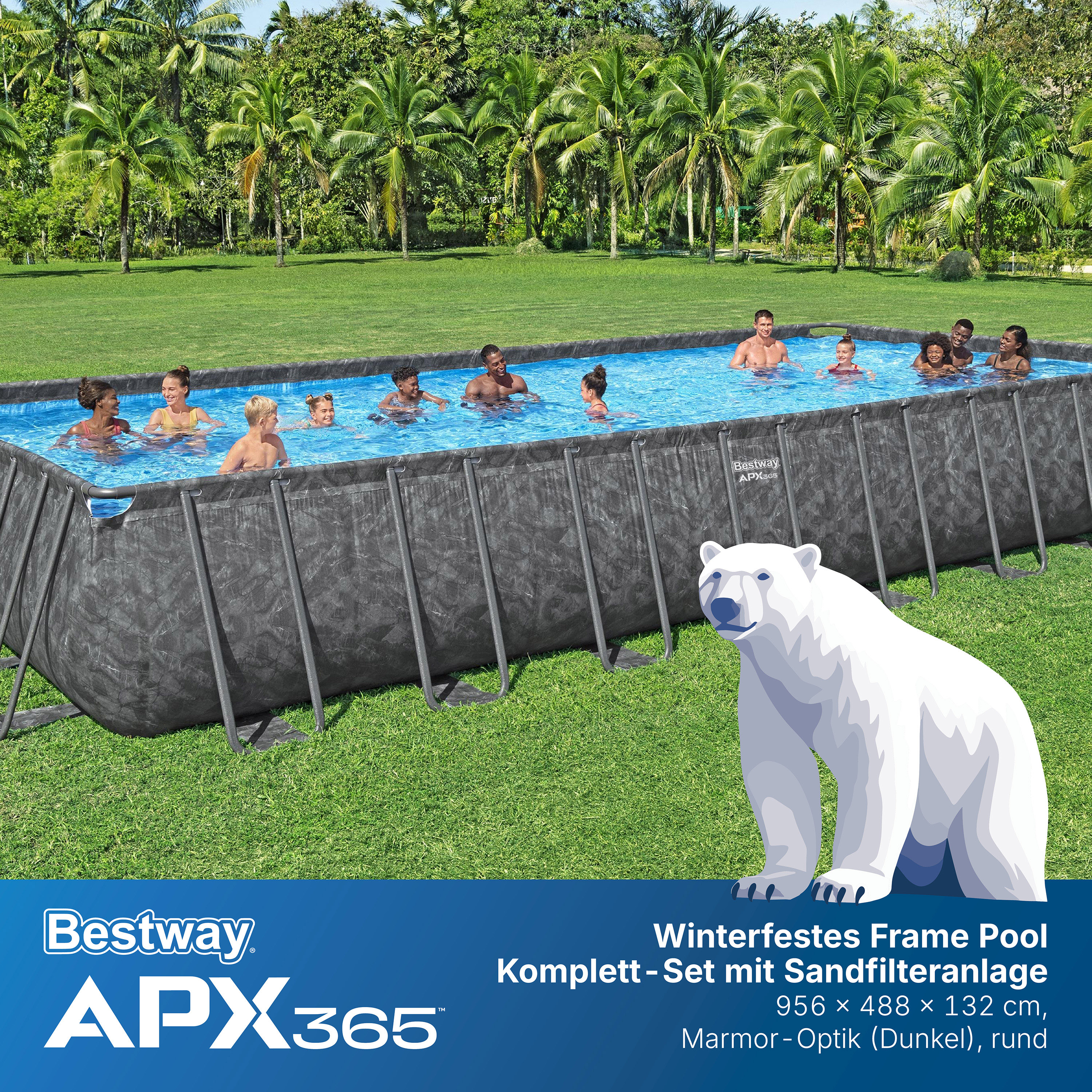 APX365™ Winterfestes Frame Pool Komplett Set mit Sandfilteranlage 956 x 488 x 132 cm, Marmor-Optik (Dunkel), eckig