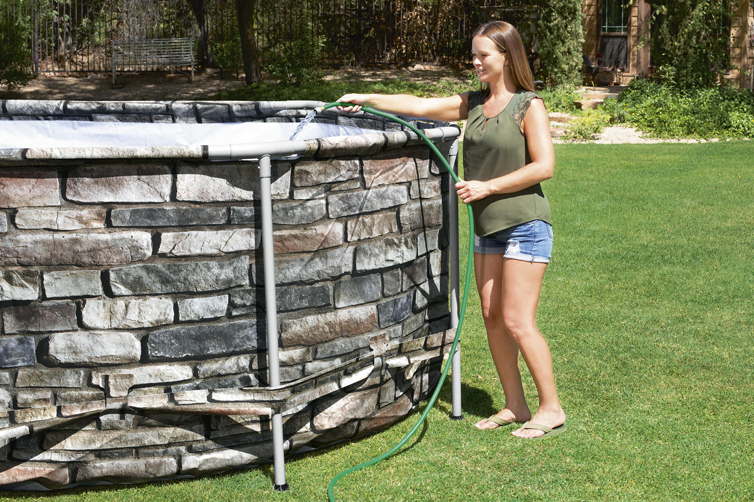 Power Steel™ Frame Pool Komplett-Set mit Filterpumpe Ø 671 x 132 cm Steinwand-Optik (Naturstein), rund