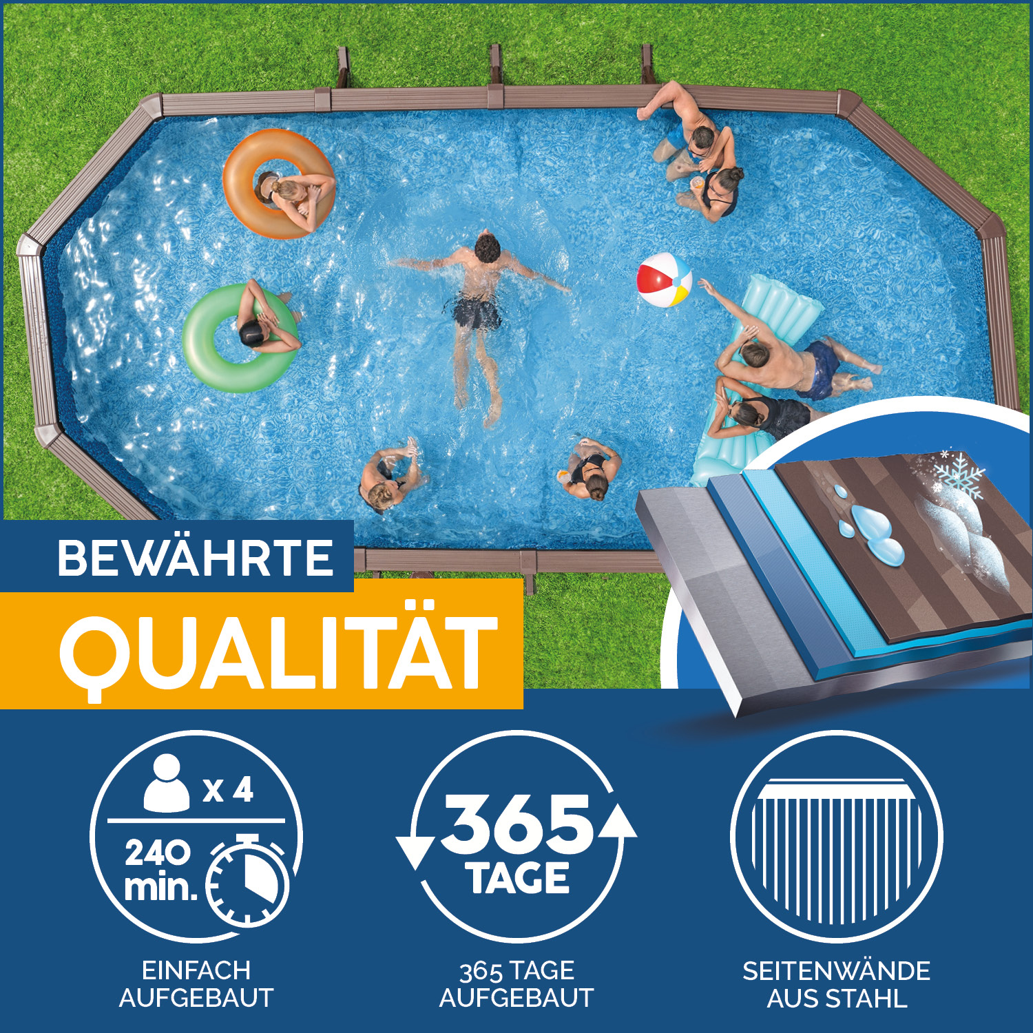 Hydrium™ Stahlwandpool Komplett-Set mit Sandfilteranlage 730 x 360 x 130 cm, Holz-Optik (Palisander), oval