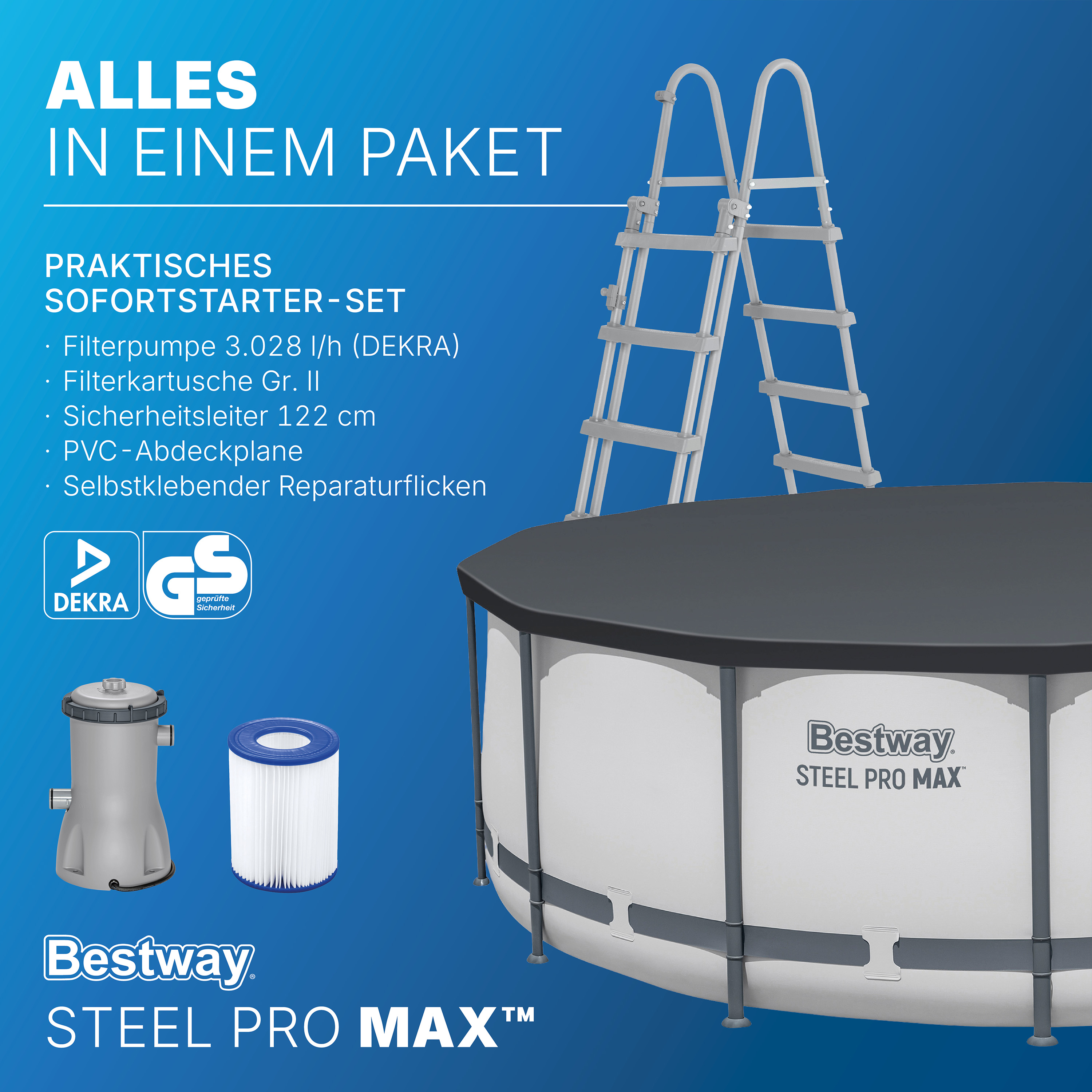 Steel Pro MAX™ Frame Pool Komplett Set mit Filterpumpe Ø 427 x 122 cm, lichtgrau, rund