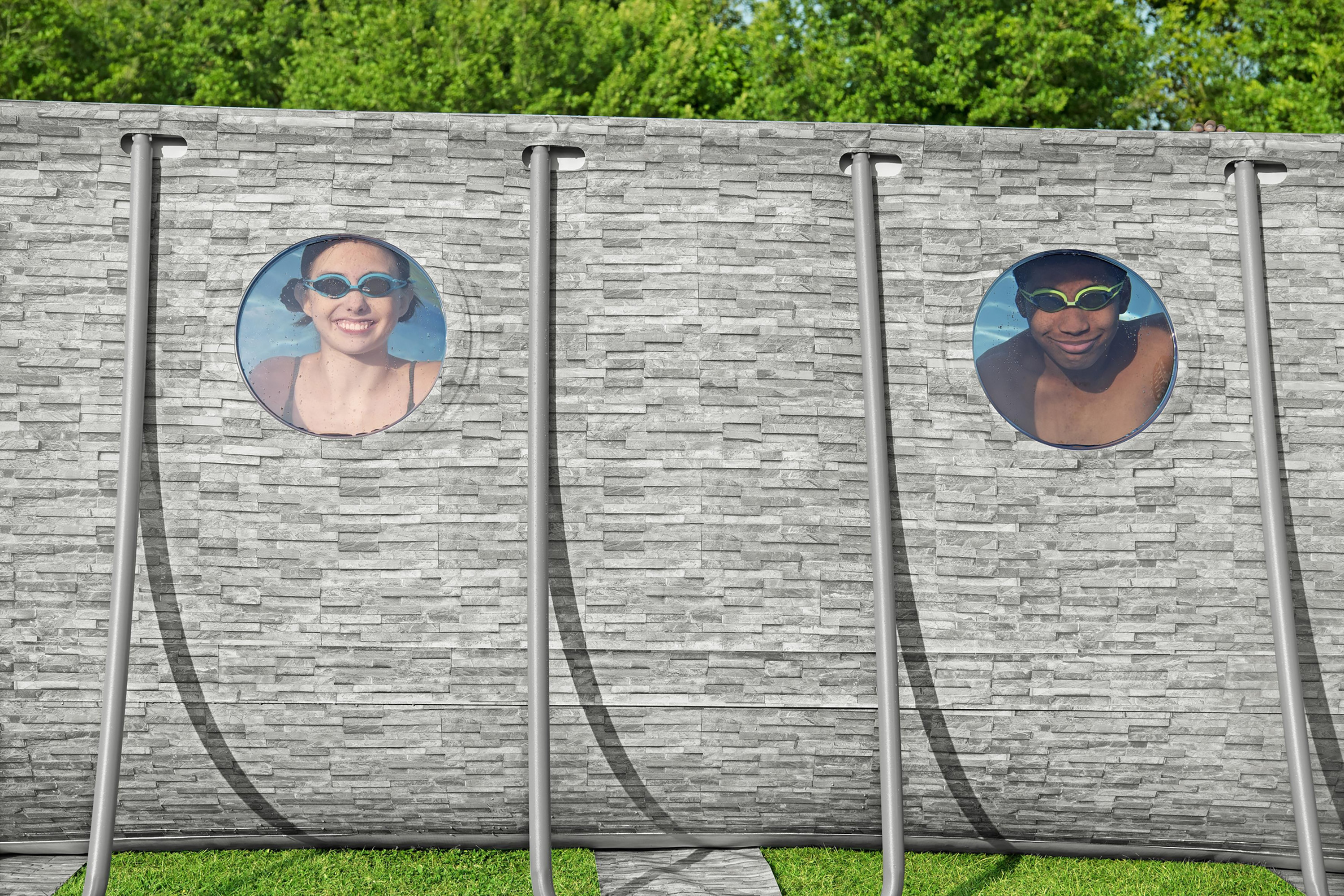 Steel Pro MAX™ Splashview™ Frame Pool Komplett Set mit Filterpumpe 549 x 274 x 122 cm, Steinwand-Optik (Cremegrau), oval