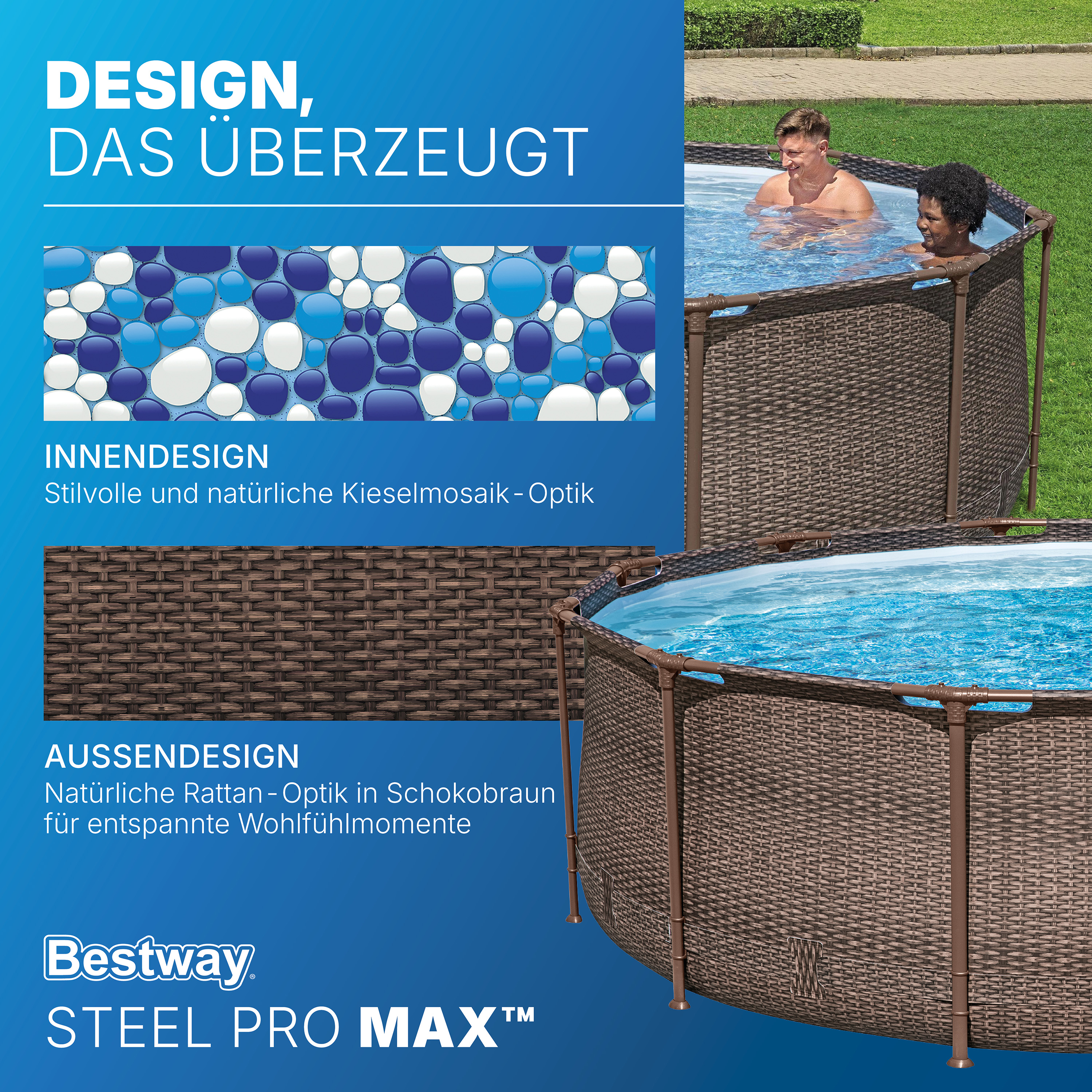 Steel Pro MAX™ Frame Pool Set mit Filterpumpe Ø 366 x 100 cm, Rattan-Optik (Schokobraun), rund