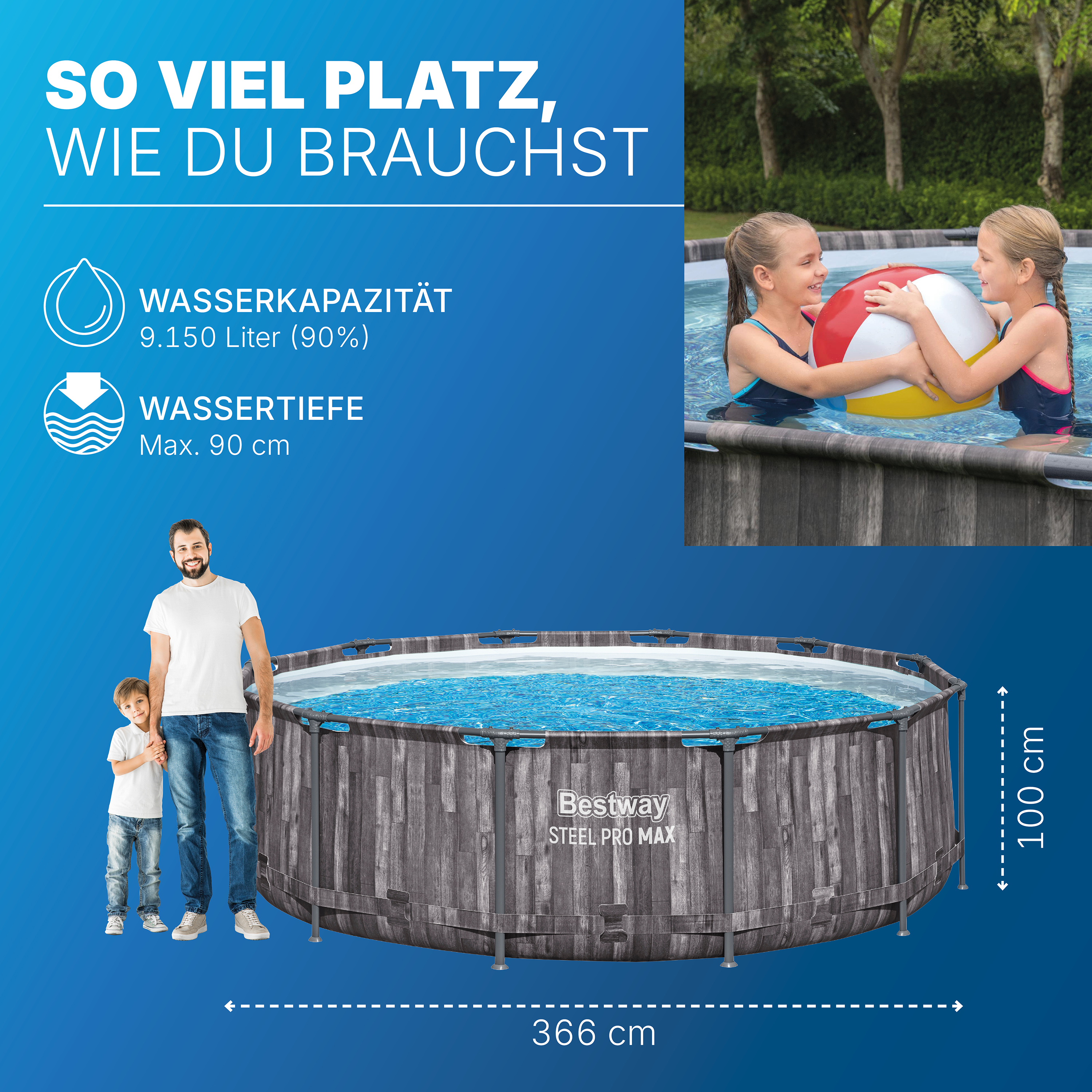 Steel Pro MAX™ Solo Pool ohne Zubehör Ø 366 x 100 cm, Holz-Optik (Mooreiche), rund