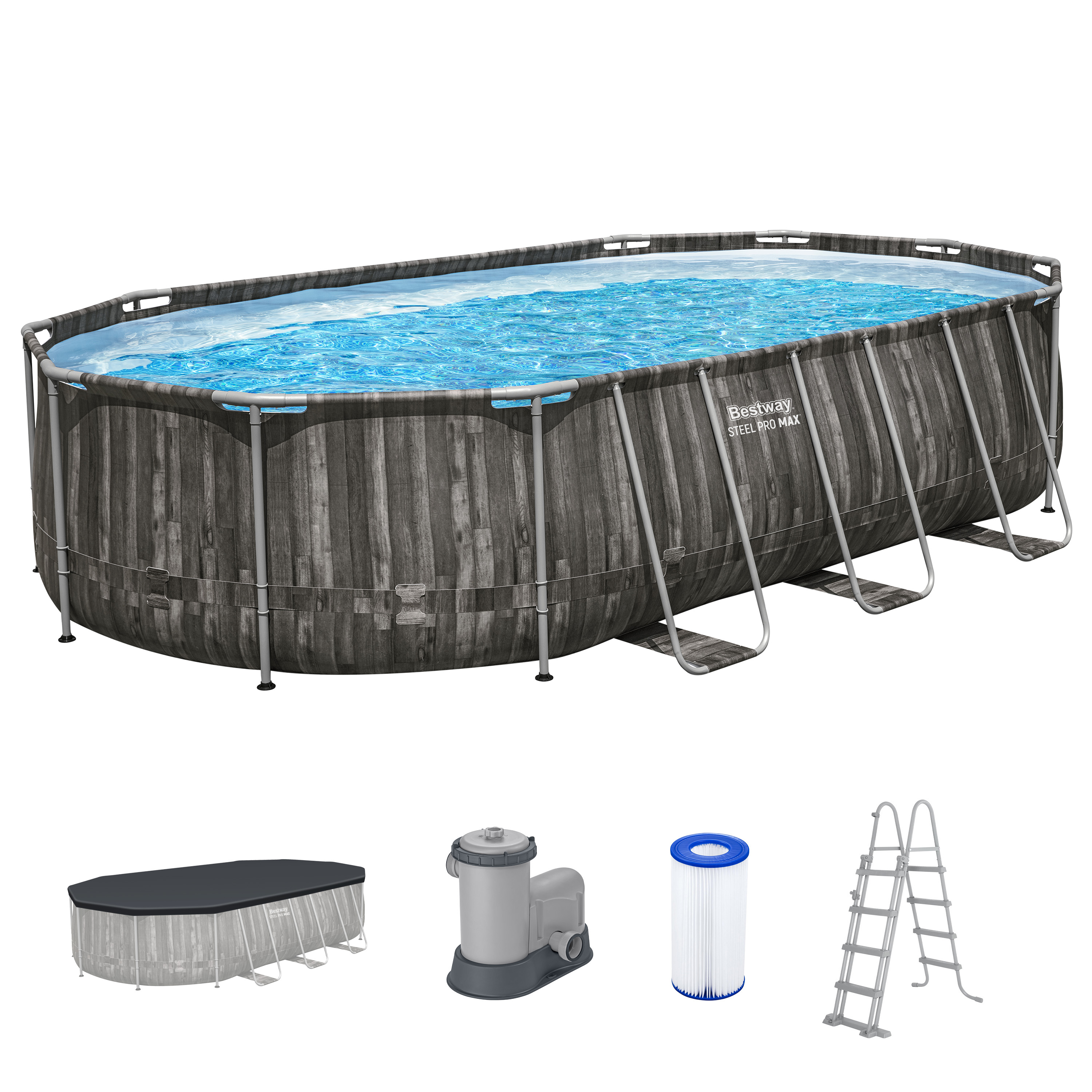 Steel Pro MAX™ Frame Pool Komplett Set mit Filterpumpe 610 x 366 x 122 cm , Holz-Optik (Mooreiche), oval